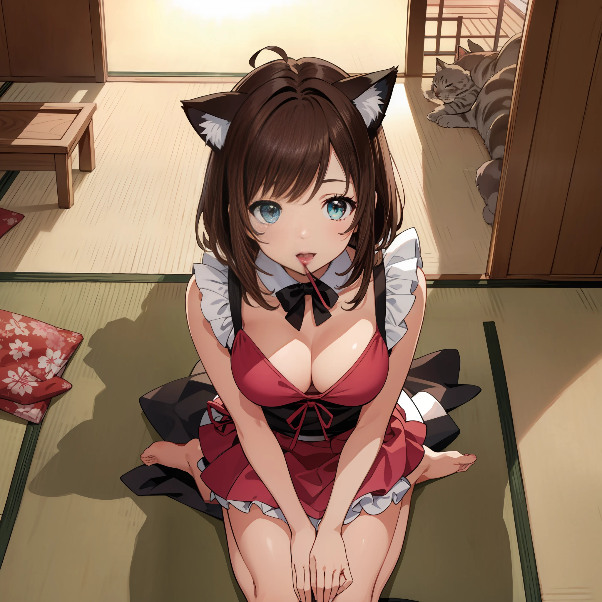 masterpiece, (Best Quality:1.4),(Perfect Anatomy:1.4), High Quality, very_high_resolution, Ultra Detailed, large_filesize, Full Color, Detail, 8K, 4K, High Resolution,Symmetrical,Extraordinary, Best Aesthetics, New, Latest, Very Detailed, Anime, Detailed Beautiful Face and Eyes, Very Detailed Body, Very Detailed Hair Lovely Hands, Perfect Hands, Beautiful Hands, One Girl, Cat ears, (big breasts, brown hair, semi-long hair, twin-tailed hair, light smile: 1.5), (girl sitting upright on a tatami mat in 3 tatami mats, metallic pink maid bikini: 1.4), (from above, looking forward, cowboy shot: 1.2), (mouth open, , brown hair, short hair, cat ears, aqua eyes, barefoot, slender girl), ( 3 Japan apartment, daylight, light),