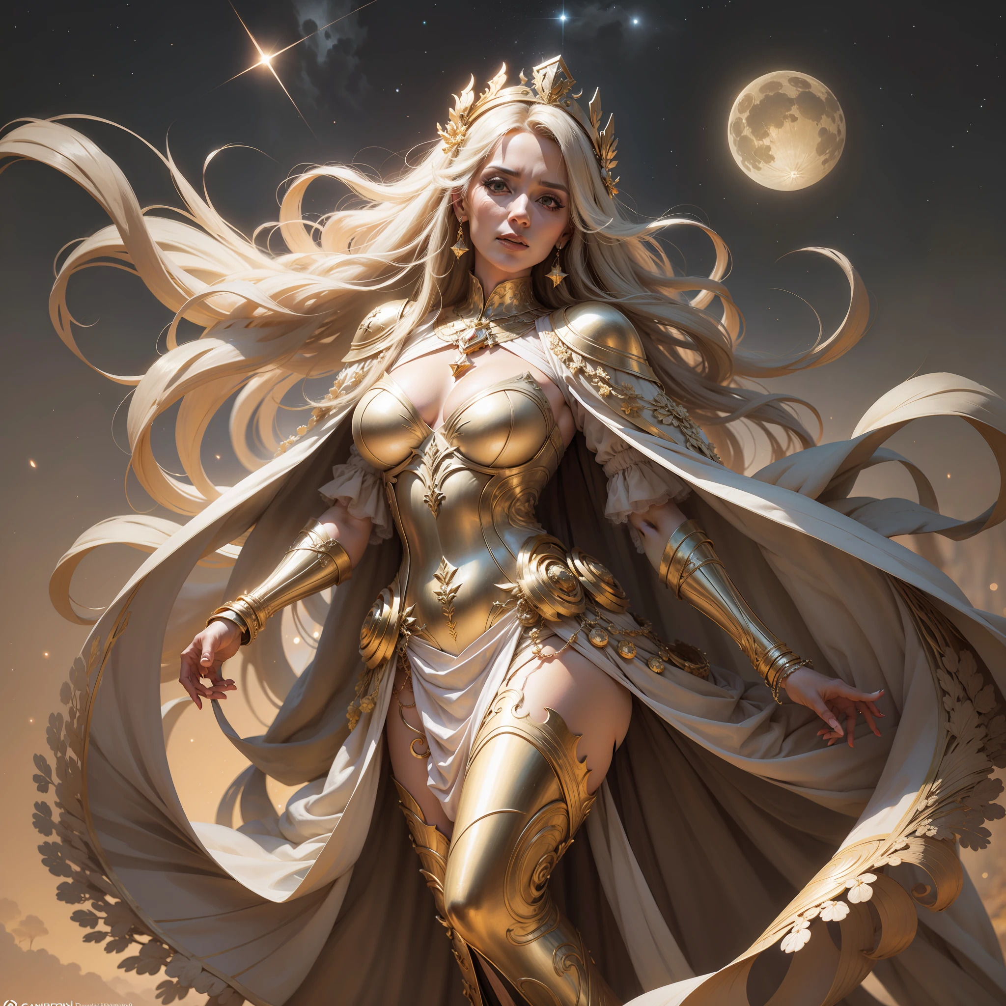 Deusa Hera, cabelo branco, idade 65 anos, sardas, cabelo liso, detalhado, roupa branca, roupa chiton, vestes longas, large cylindrical crown, detalhes em dourado, Pomegranate fruit, Poses gloriosas, noite, lua, estrelas, fundo olimpo, ultra-realista