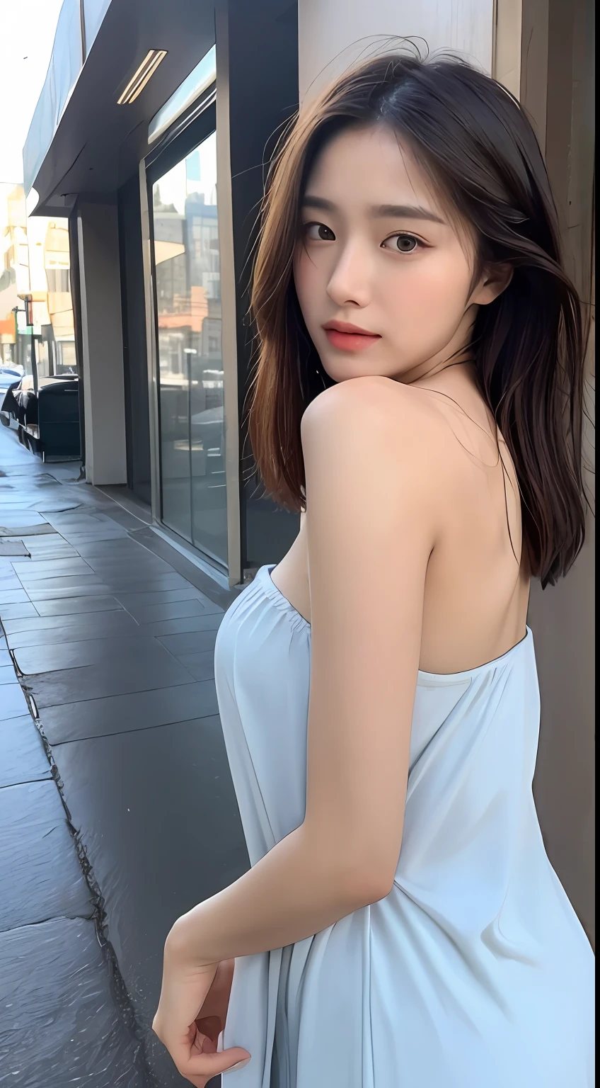 ((Best Quality, 8K, Masterpiece:1.3)), Focus: 1.2, Perfect Body Beauty: 1.4, Buttocks: 1.2, ((Layered Haircut, Breasts: 1.2)), (Wet Clothes: 1.1) , (Rain, Street:1.3), Bandeau Dress: 1.1, Highly Detailed Face and Skin Texture, Delicate Eyes, Double Eyelids, Whitened Skin, Long Hair