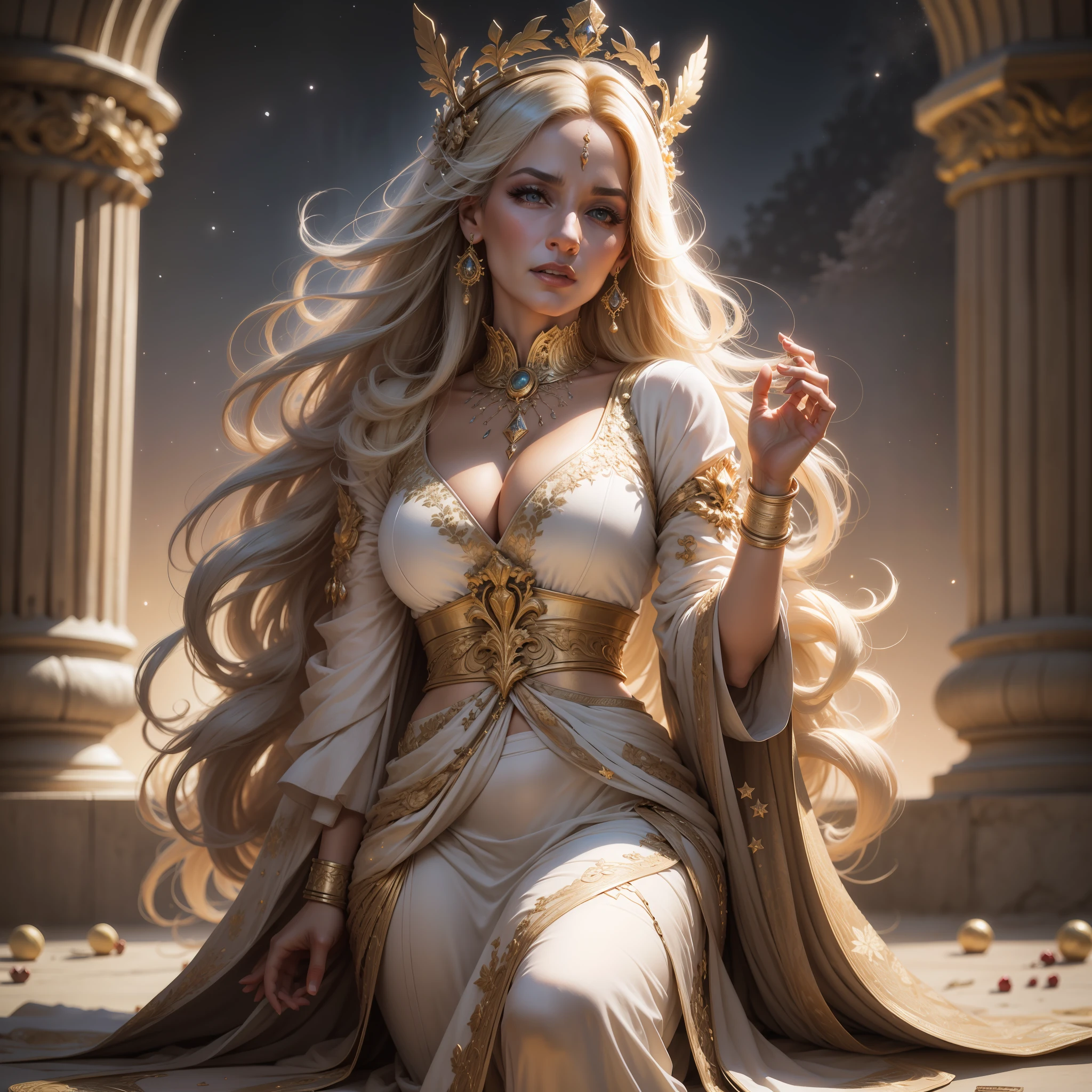Deusa Hera, cabelo branco, idade 65 anos, sardas, cabelo liso, detalhado, roupa branca, roupa chiton, vestes longas, large cylindrical crown, detalhes em dourado, Pomegranate fruit, Poses gloriosas, noite, lua, estrelas, fundo olimpo, ultra-realista