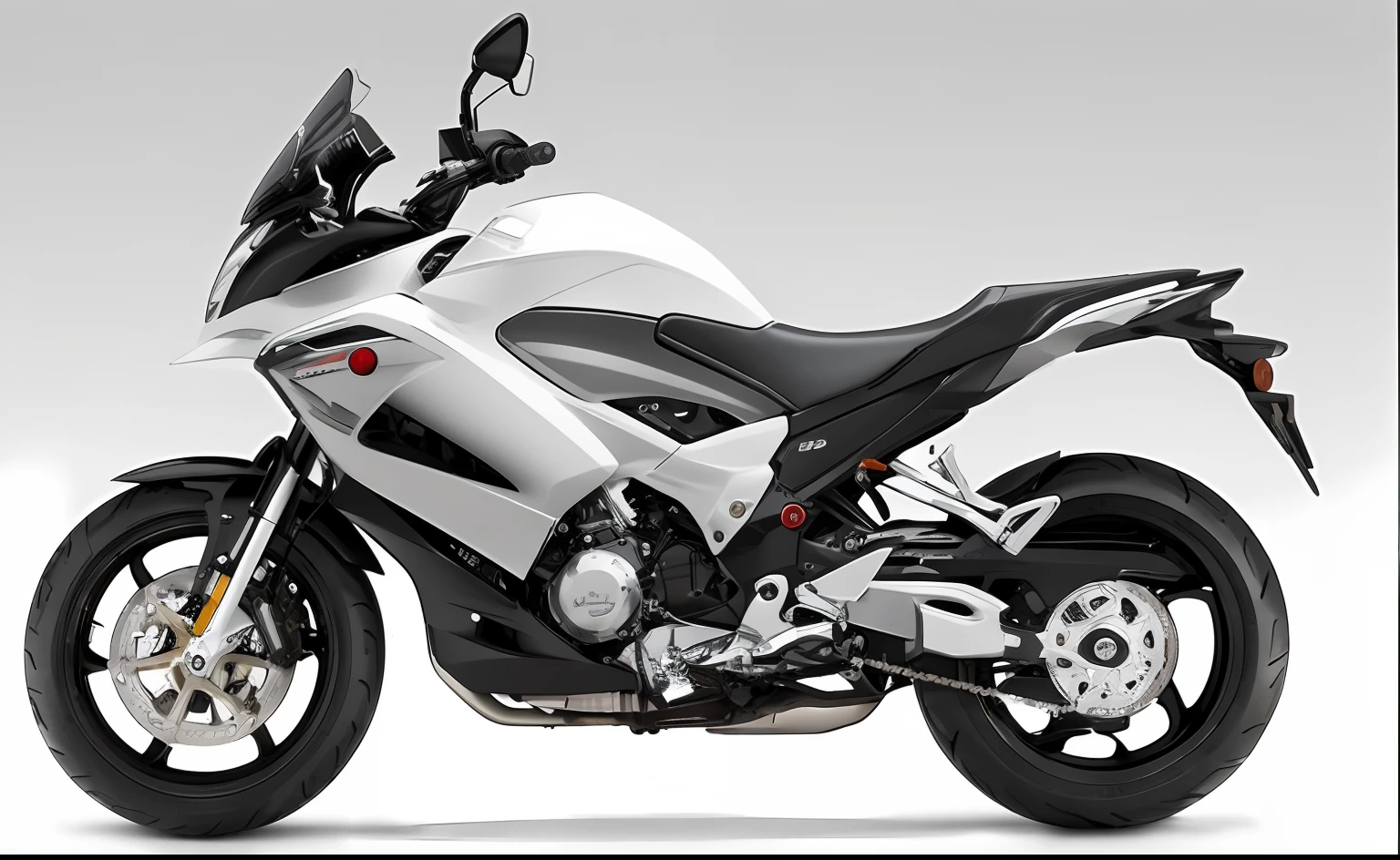 a close up of a motorcycle parked on a white surface, yoshimura exhaust, hyper realistic ”, hyper realistic”, touring, in 2 0 1 2, hd render, 2 0 1 1, 2011, 3d render”, glossy white armor, with sleek lines and a powerful, 2 0 1 0, 2010, in 2 0 1 5