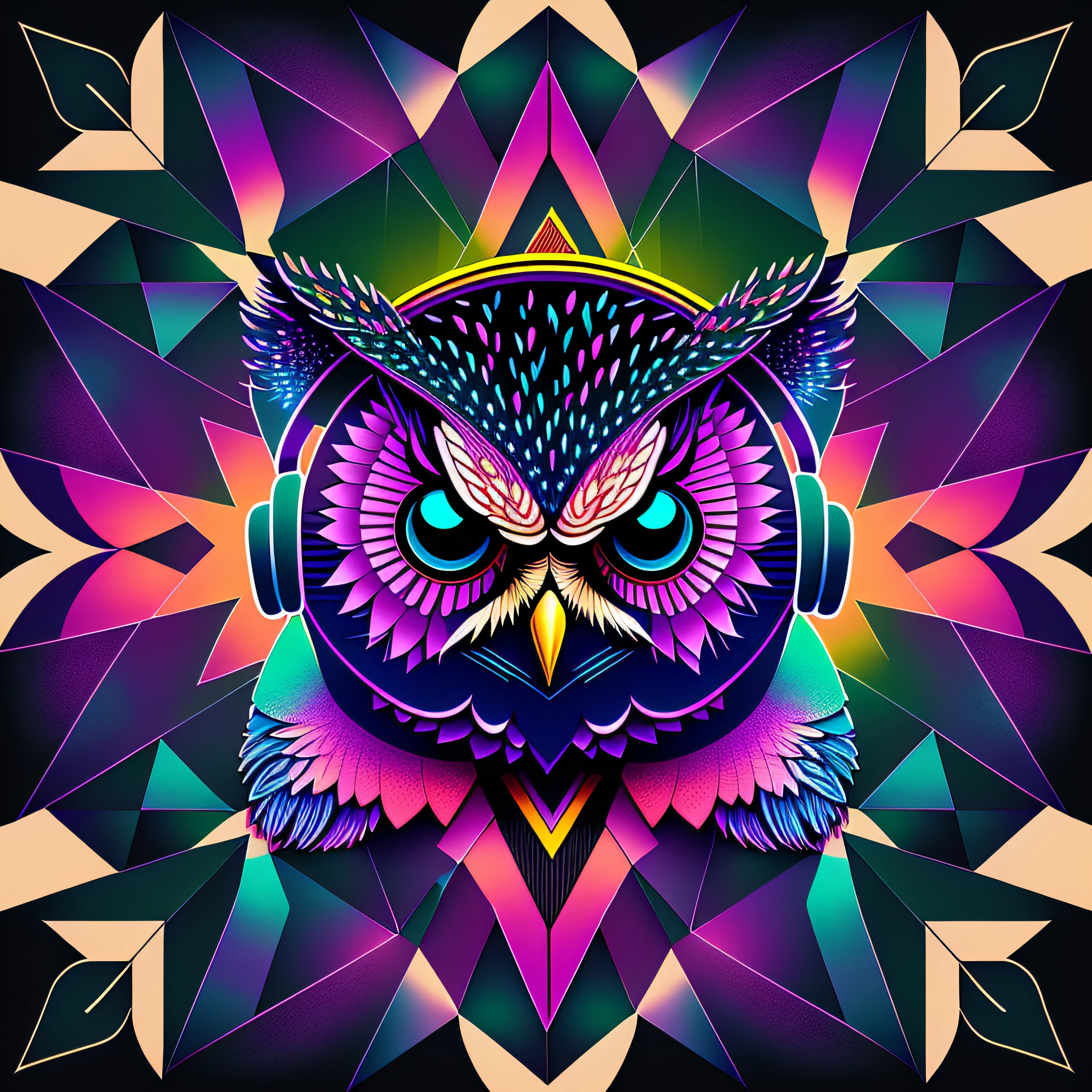 Geometric, symmetrical, attractive, charming, use bright colors, very minimalist and unique modern owl logo design with a headset listening to music, with Paul Rand style, vector, white background