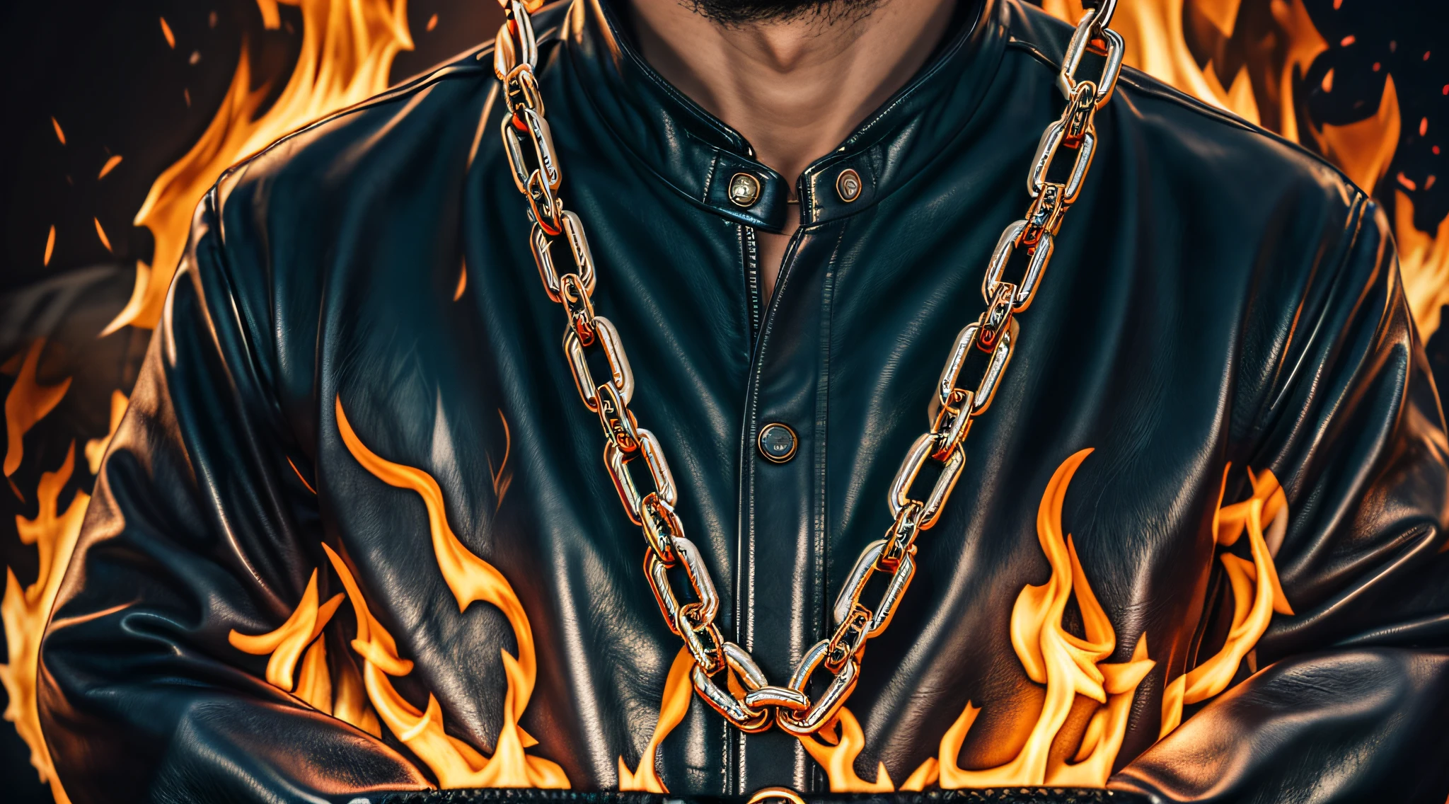A half body, portrait of 3 German men long blonde hair of 21 years, blue leather jackets, background of chains, chain, more chains, many chains, , red, red fire, many background flames.