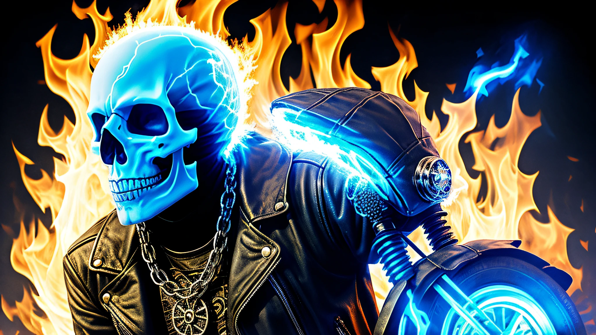A half body, portrait of 3 German men long blonde hair of 21 years, blue leather jackets, background of chains, chain, more chains, many chains, , red, red fire, many background flames.