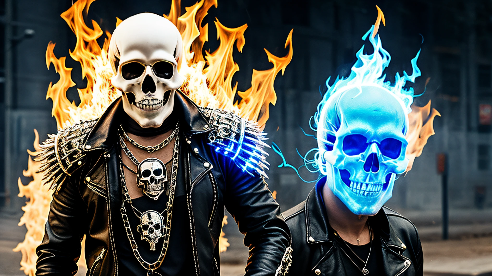 A half body, portrait of 3 German men long blonde hair of 21 years, blue leather jackets, background of chains, chain, more chains, many chains, , red, red fire, many background flames.