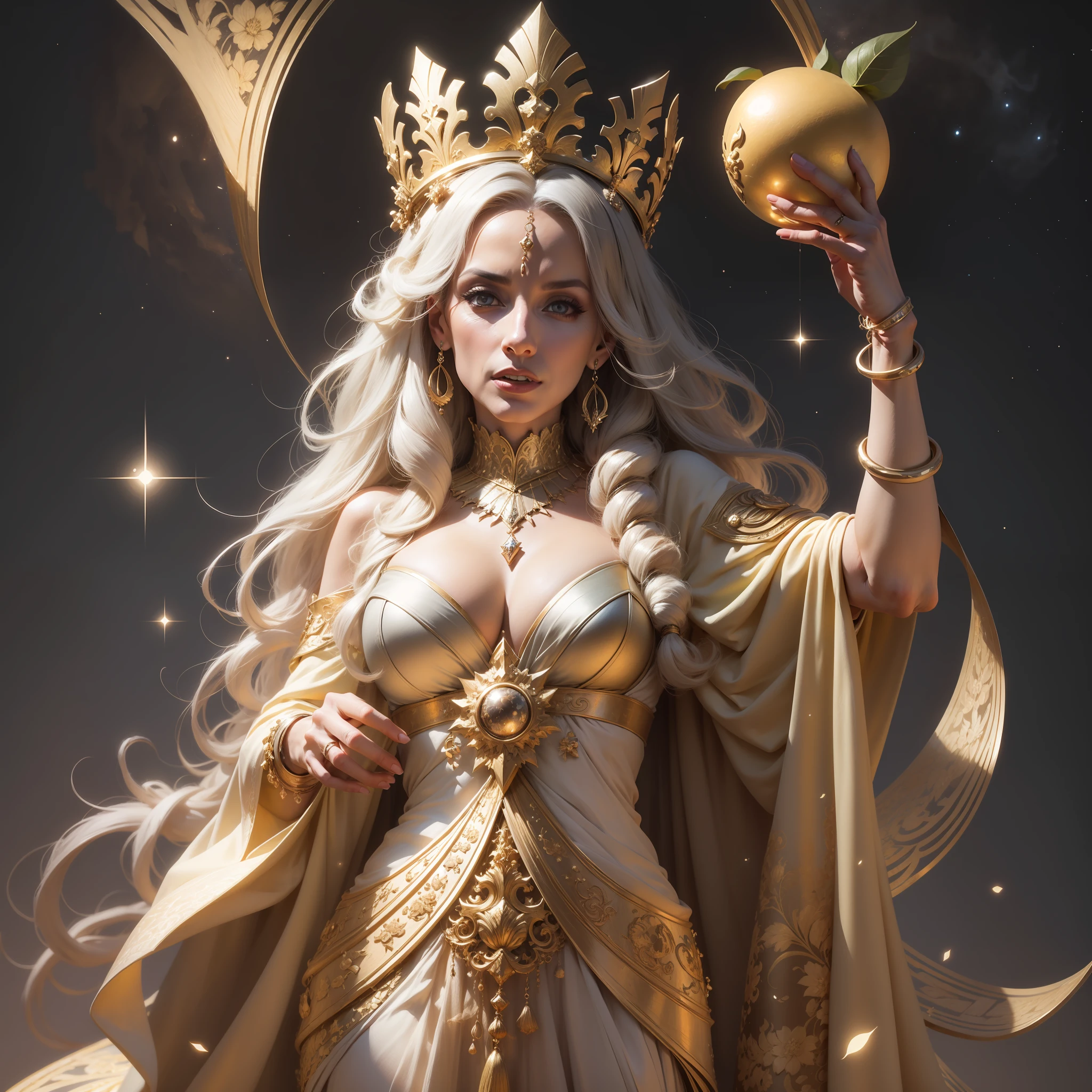 Deusa Hera, cabelo branco, idade 65 anos, sardas, cabelo liso, detalhado, roupa branca, roupa chiton, vestes longas, large cylindrical crown, detalhes em dourado, Pomegranate fruit, Poses gloriosas, noite, lua, estrelas, fundo olimpo, ultra-realista