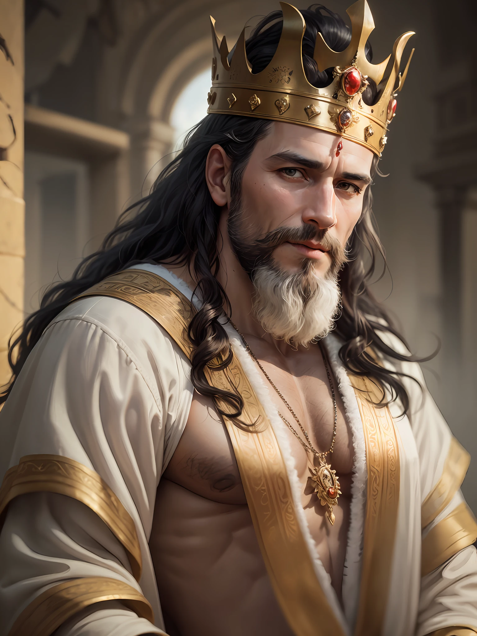 RAW photo, portrait of King Solomon, 40 year old man with a beard and long black hair, wearing the clothes of a King, (very detailed clothing), wearing a golden crown with red jewels, (very detailed crown), pale skin, slim body, normal smile, sharp focus, elegant, (ancient temples background) (highly detailed skin: 1.2), sharp features, 32k, 16k, uhd, soft lighting, high quality, film grain, Fujifilm XT3 --auto --s2