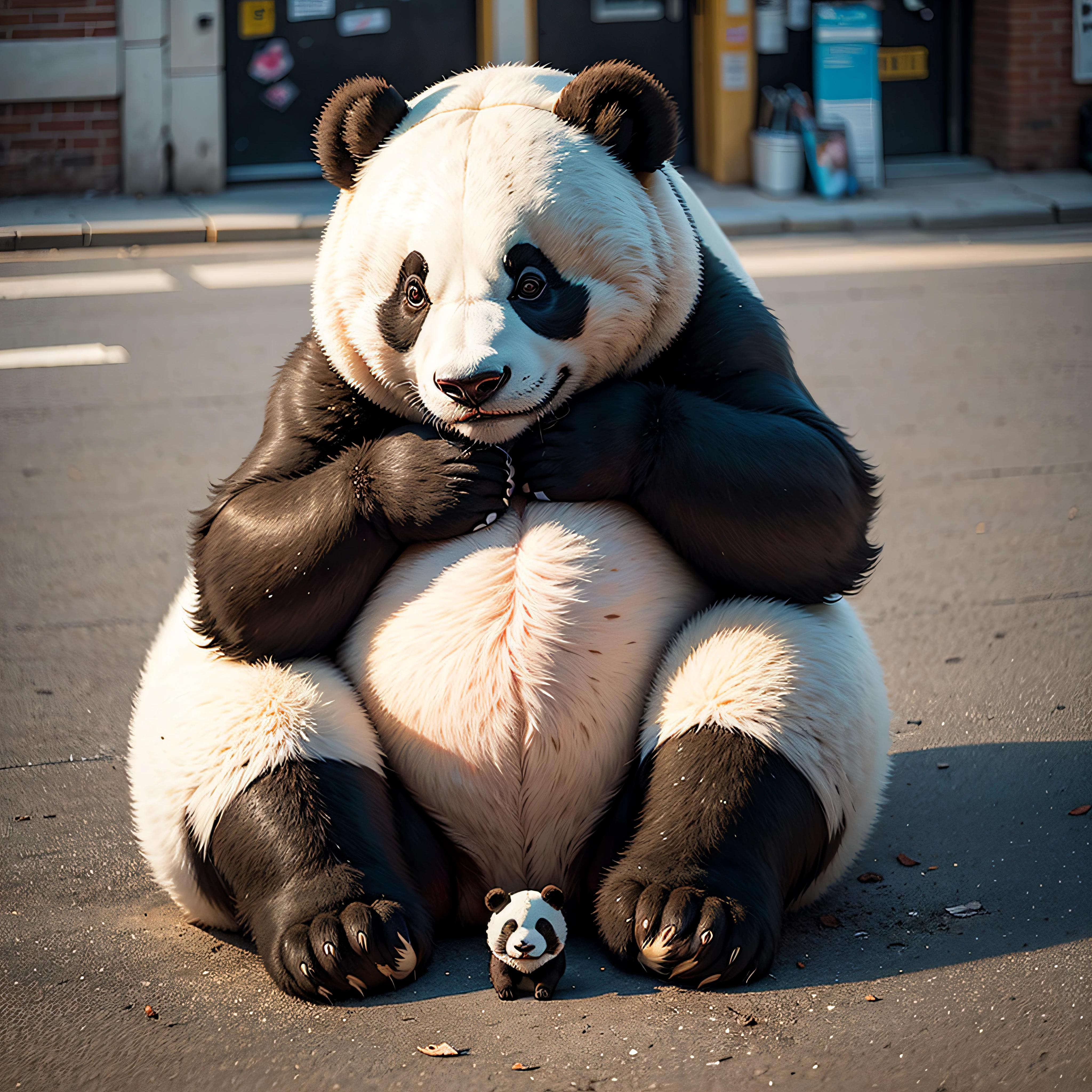 Giant Panda in meditation position, A striking and unique portrait of a street artist, captured in a creative and unconventional way that showcases their individuality and style --auto