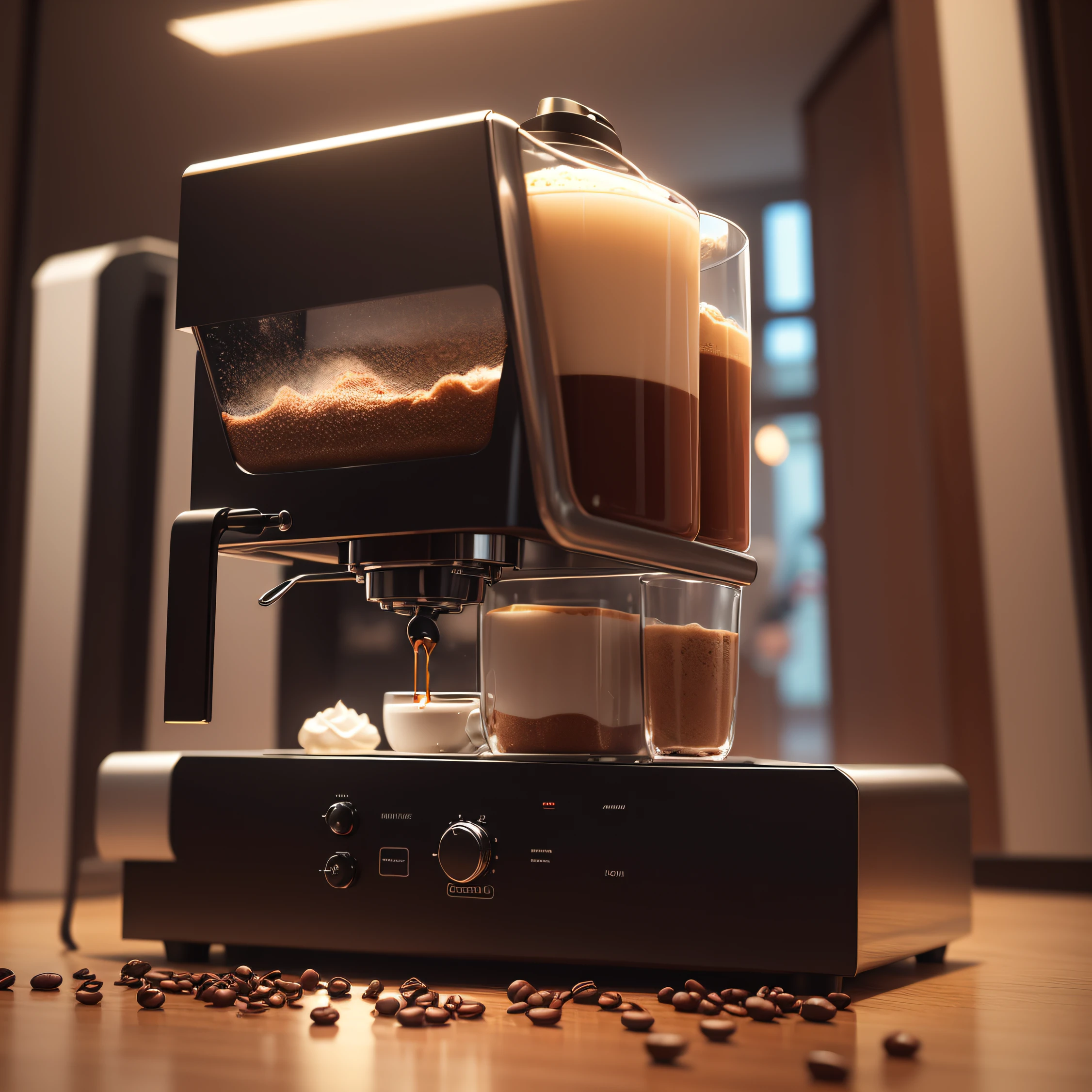 antitecnologia, light particles, coffee machine, fundo detalhado, sci fiction, ultra detalhado, nitidez melhorada, 3d --auto