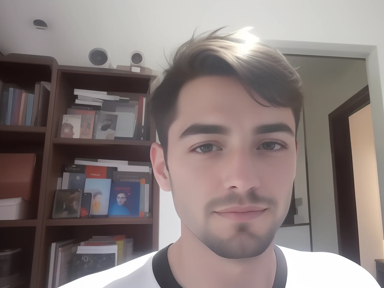 There's a man who's looking at a cell phone, com leve restolho, front facing the camera, imagem muito granulada, imagem frontal, leve restolho, foto selfie, captura de tela webcam, fotografia selfie 8k, com barba limpa, eu, staring the camera, tirei no iPad, looking straight at camera, looking straight at camera, remover fundo. --auto