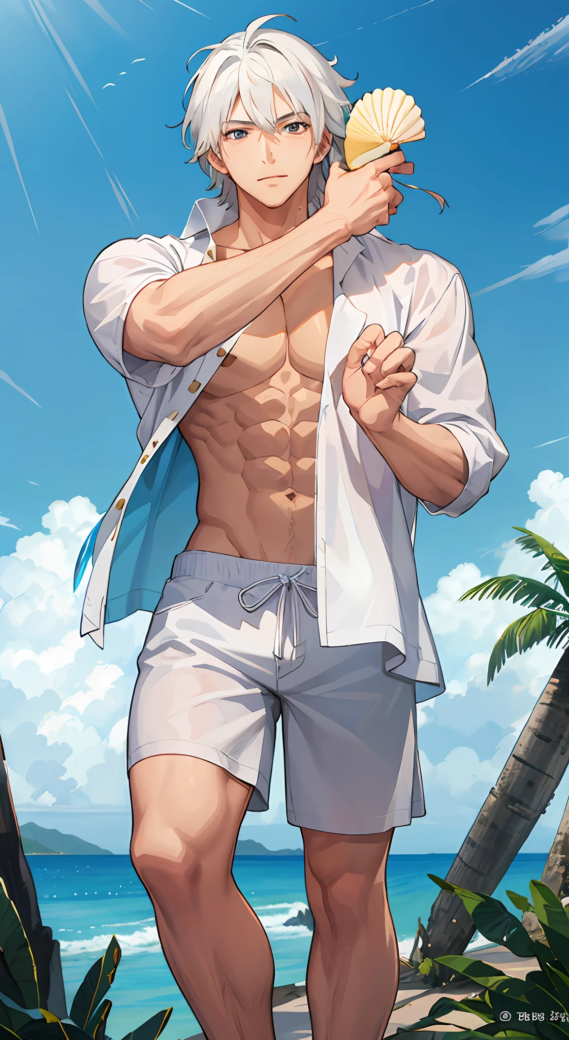 anime guy with white hair and white shorts holding a seashell, with hawaiian shirt, handsome anime pose, anime handsome man, shirtless :: high detail, male art, commission for high res, sun-hyuk kim, romance novel cover, his palms are sweaty, shirtless, sfw version, summer, by Shitao, kentaro miura art, by Yang J