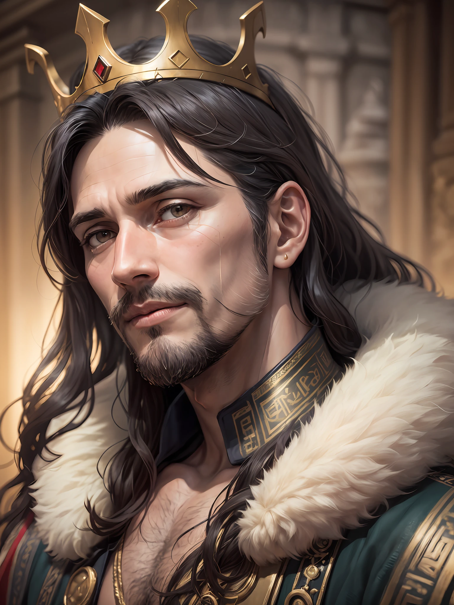 RAW photo, portrait of King Solomon, 40 year old man with a beard and long black hair, wearing the clothes of a King, (very detailed clothing), wearing a golden crown with red jewels, (very detailed crown), pale skin, slim body, normal smile, sharp focus, elegant, (ancient temples background) (highly detailed skin: 1.2), sharp features, 32k, 16k, uhd, soft lighting, high quality, film grain, Fujifilm XT3 --auto --s2