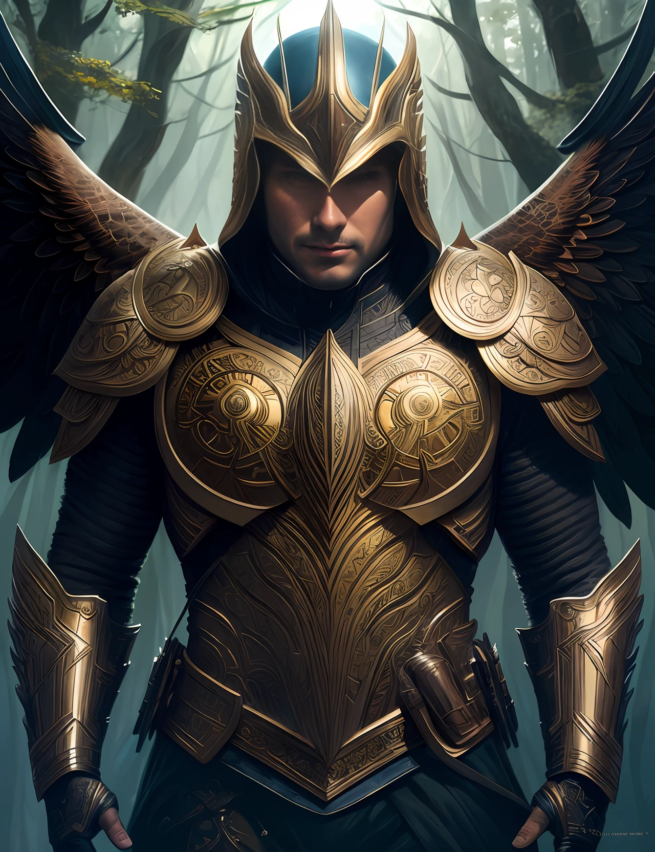 highly intricately detailed photograph of a beautiful celestial eagle-man in a forest wearing armor, fantasy, in the style of Andiana Jones, Anna Dittman, hyperrealistic, a beautiful Digital painting, concept art, trending on artstation, sharp focus, studio photo, intricate details, highly detailed, by greg rutkowski, sf, intricate artwork masterpiece, ominous, matte painting movie poster, golden ratio, trending on cgsociety, intricate, epic, trending on artstation, by artgerm, h. r. giger