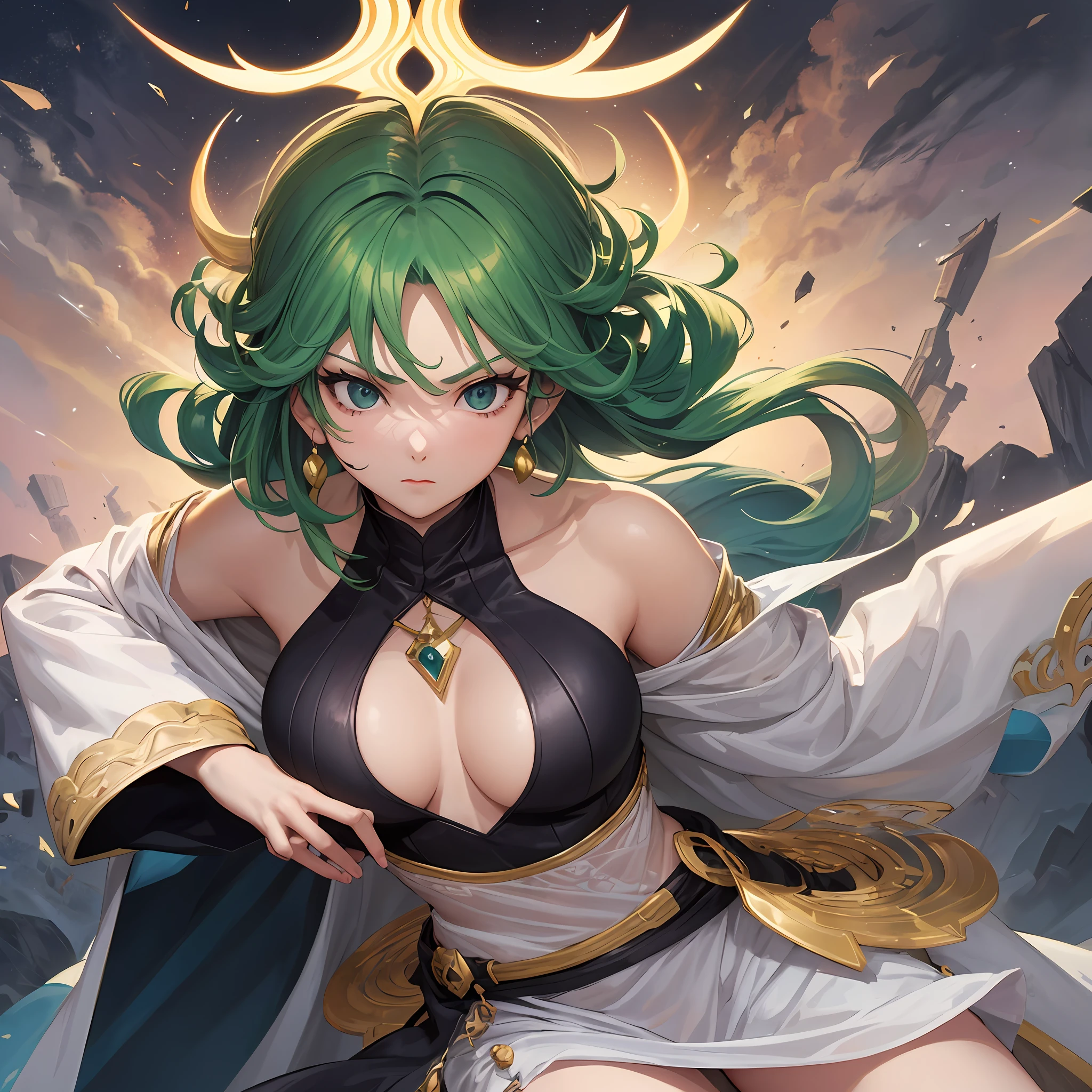 Un dibujo de una mujer con cabello rubio y un top verde, Ella tiene poderes de fuego, Un guerrero esmeralda rubio, Chica Saiyajin, inspirado por Leiko Ikemura, Natalie de Epic Battle Fantasy, el - Estilo de arte sombreado, estilo anime", Boku No Hero estilo Academia, Potenciando el aura, Pose ruda, como personaje de anime, Tatsumaki