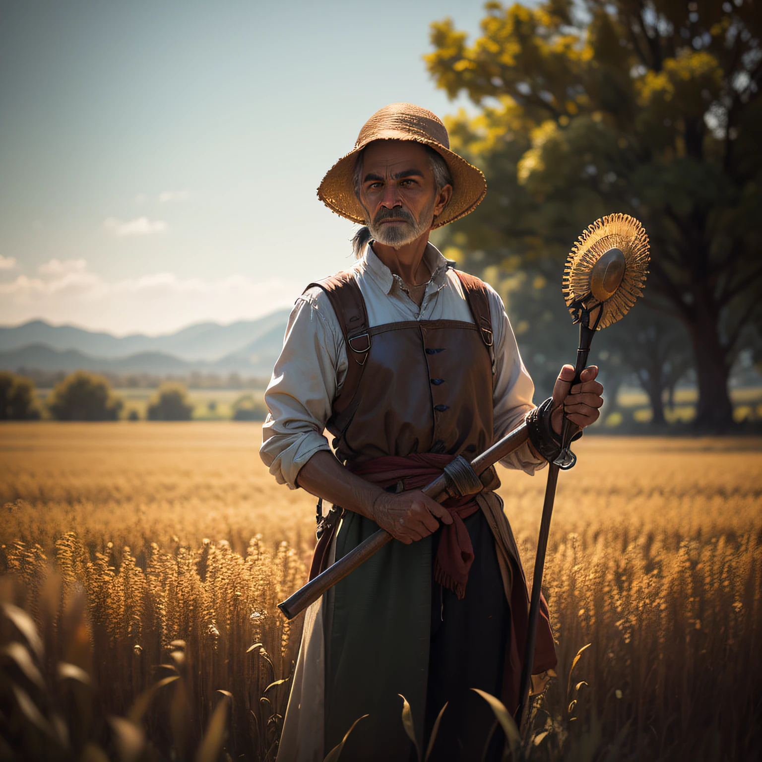Portrait of peasant with hoe in hand in field, cinematic lighting, profundidade de campo, Bokeh, realismo, fotorrealista, hiper-realismo, fotografia profissional, UHD, DSLR, Hdr --auto