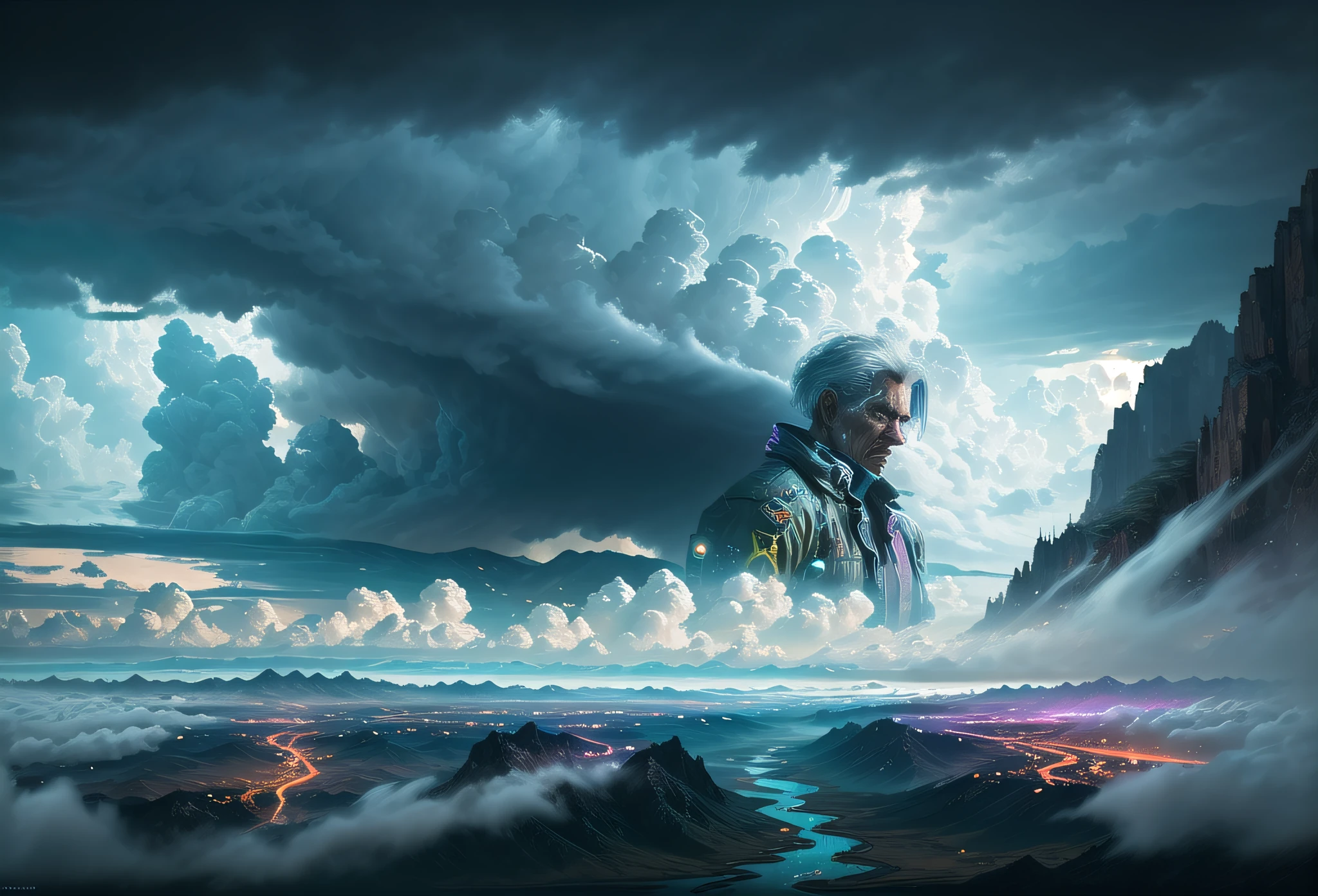 cyberpunk [nebulous cityscape in the distance: 150-year-old sageman, city: 0.33] immersed in a giant stream of wind, living in a cloud of thunder, behind the cloud, (double exposure: 1.3), photo by Brandon Woelfelmist, surreal dream, gray atmosphere, rainy day, dynamic, lut, hdr