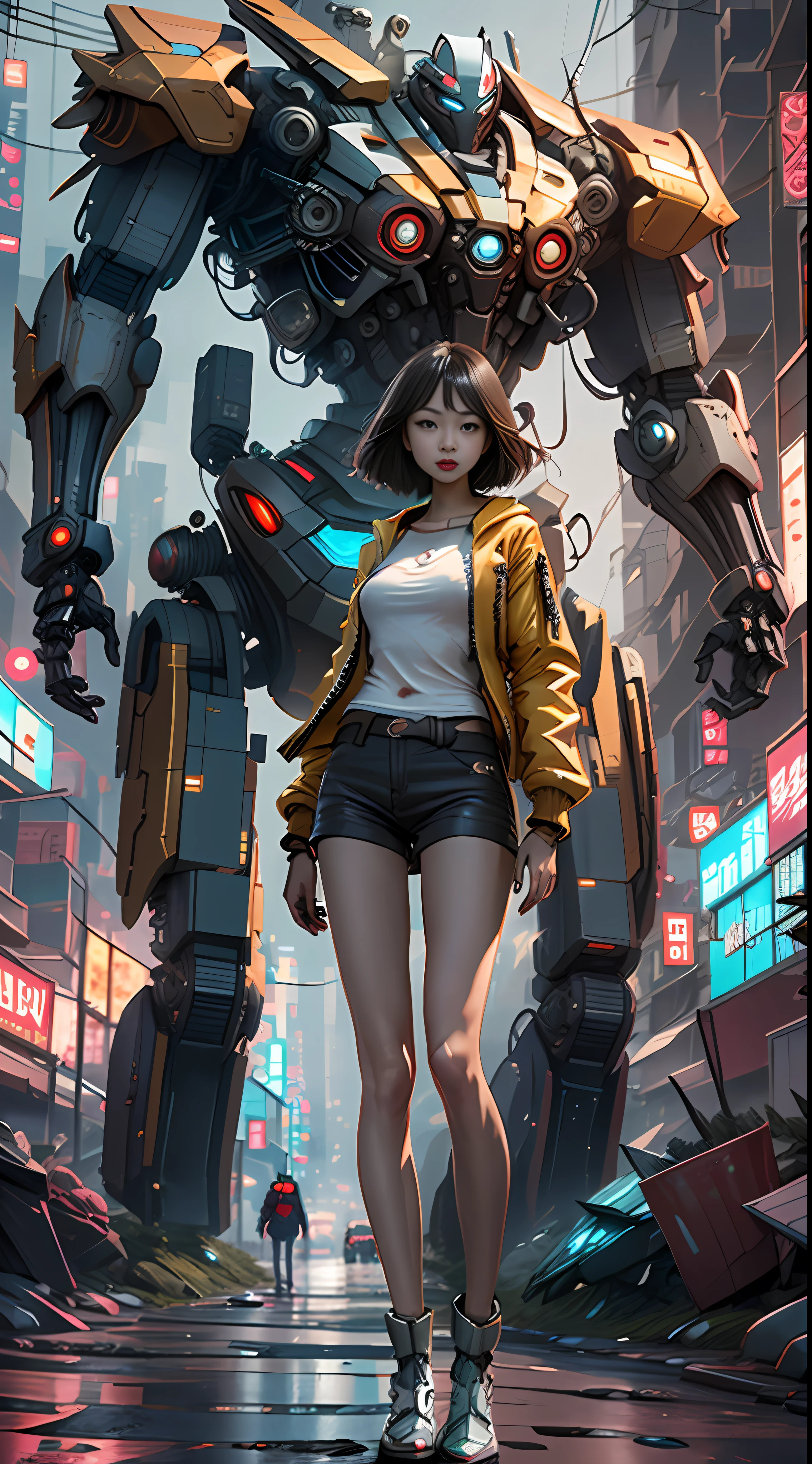Boutique,best quality,Gold jewelry,(slip out feet),Fairy skin,(Fidelity :1.2),Standing,Super Detailed,realistic,High quality,Movie Light,Ray tracking,Ultra HD,Upper body
Girl in shorts and jacket standing next to giant robot, Guweiz style artwork, CyberPunk mech, Trends on CGSTATION, Guweiz, Russell Dongjun Lu, digital cyberpunk anime art, Ross Tran 8 K, Guweiz on ArtStation Pixiv, Girl in mecha network armor