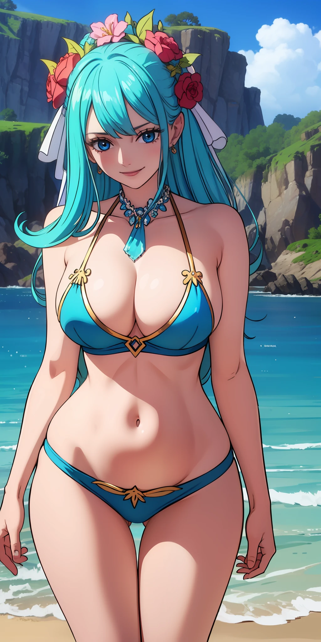 masterpiece, best quality, girls, pale skin, blue eyes, giant blue hair, ((hair highlights effect)), ((hair in eyes)), ((outfit)), ((ultra detailed)), breasts , neck accessory, eyebrow, ear, ((perfect)), smile, small waist, big breasts, thick legs, big thigh, background scenery, on the beach, standing, beautiful day, ultra detailed water, pov, looking at the spectator, flushed, lustful,