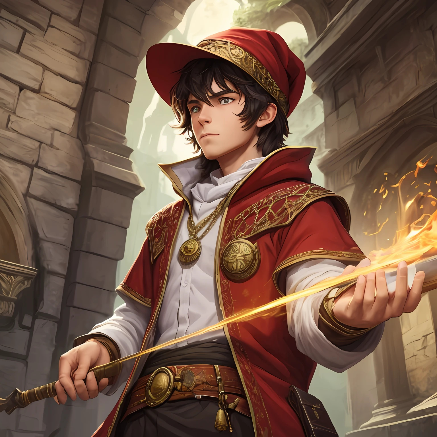 a young human wizard weraing a red hat and red roabes in a fantasy setting