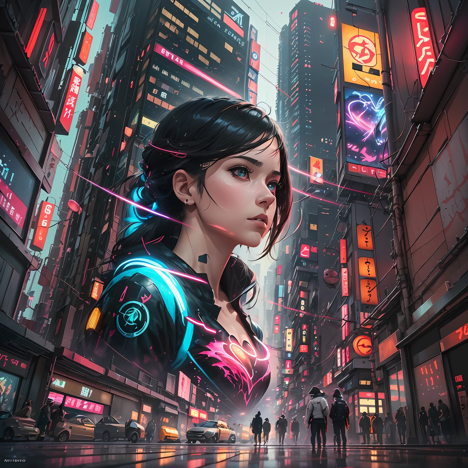 The detailed portrait of a cyberpunk-style girl is the central focus of the image. His green eyes are the highlight, conveying a sense of mystery and intensity. The subtle details of the irises, as patterns or glows, are visible in ultra high definition, na qualidade 8K.
The girl is depicted with a realistic painting, capturando todos os detalhes de sua pele, Hair and facial features. Each stroke is refined and meticulously crafted, Creating a hyper look-realista.
No fundo, A digital art of a dark and dystopian city is presented. Os arranha-futuristic skies stretch in all directions, destacando-if in contrast to the night sky. The reflections of neon lights are visible on the windows and metal surfaces of buildings.
The city is detailed in all aspects, from small architectural elements to luminous signs, Cyber propaganda and flying vehicles. Every detail is elaborated in high resolution, mantendo a nitidez e a clareza mesmo na qualidade 8K. --auto