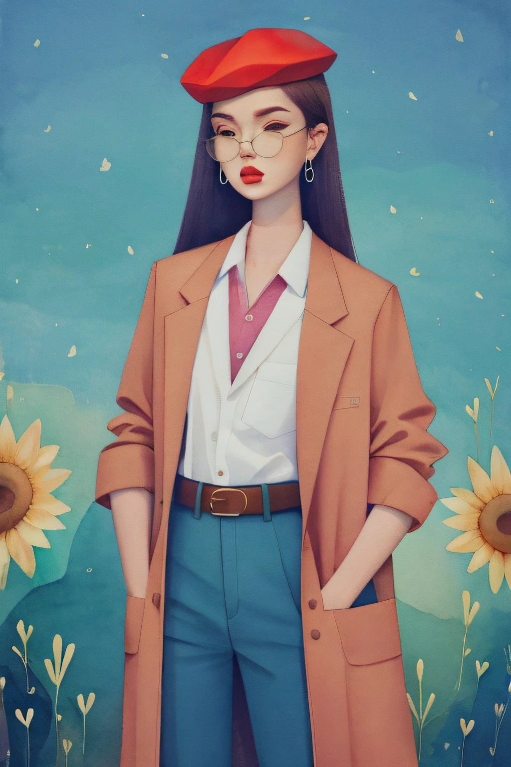 2d, nsfw, pastel color, watercolor, 
lineart, 
ankymoore, 1girl, solo, long hair, looking at viewer, skirt, brown hair, shirt, hat, brown eyes, jewelry, jacket, white shirt, heart, earrings, glasses, collared shirt, belt, pants, necklace, coat, beret, blue jacket, black belt, hand in pocket, blue pants, shirt tucked in,