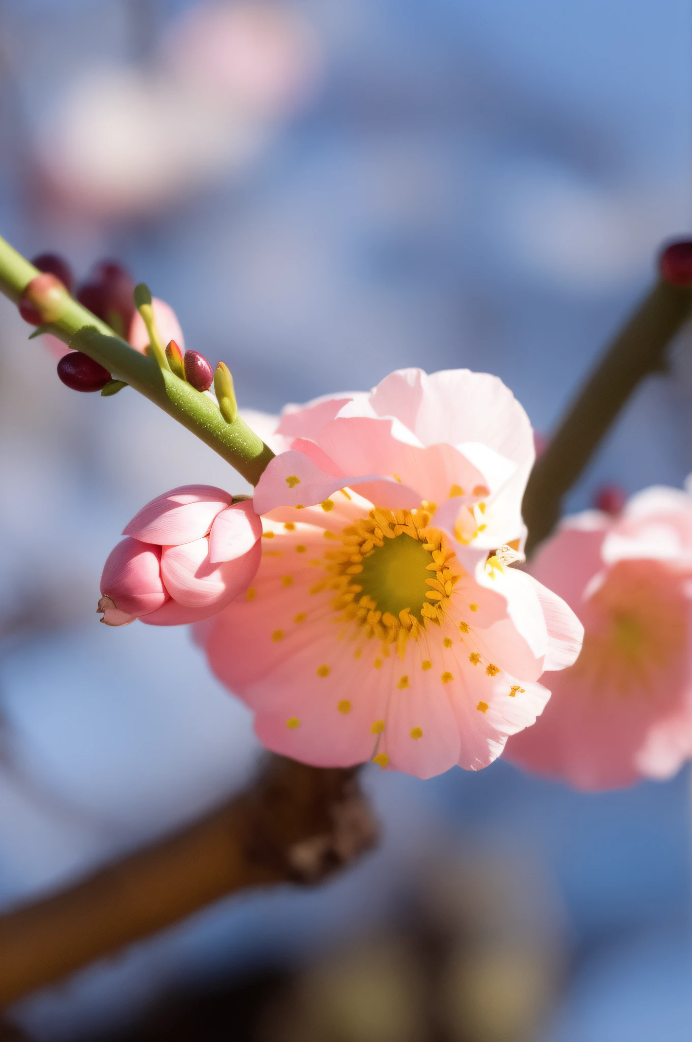 there is a pink flower on a branch with a blue sky in the background, plum blossom, sakura flower, sakura bloomimg, sakura flower, blossom sakura, SAKURA, almond blossom, sakura season, blossoms, cherry blossom, manuka, cherry blossums, green grass々and cherry blossoms, photo taken with nikon d750, photo taken with nikon d 7 5 0, jp