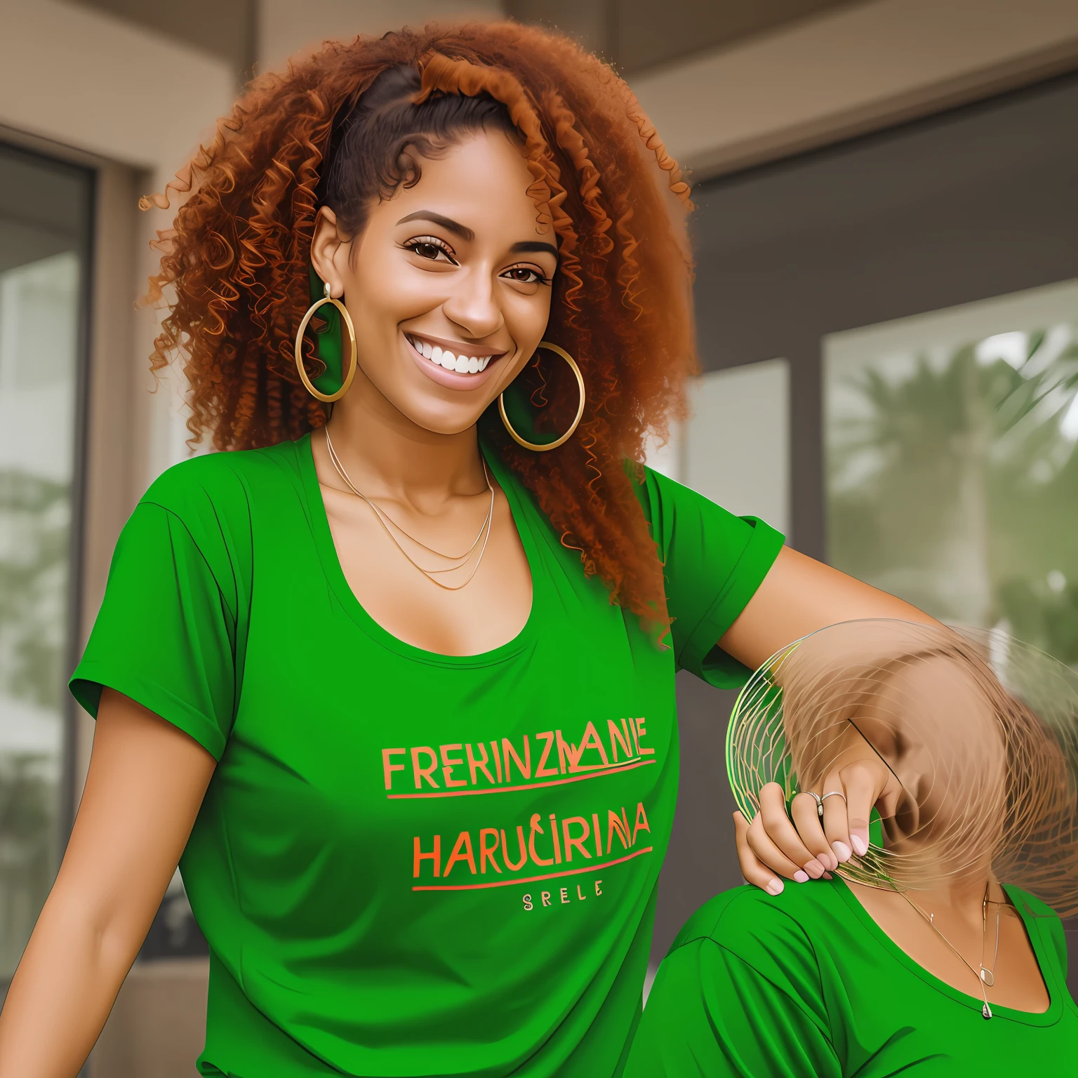 menina de 16 anos, africana, cabelo preso para cima, cabelo enrolado, hi-tech, olhos claros, camiseta roxa, bermuda jeans , wearing braces, Rockman-like trait, imagem de corpo inteiro, olhos verdes, castellã customs, futurista --auto