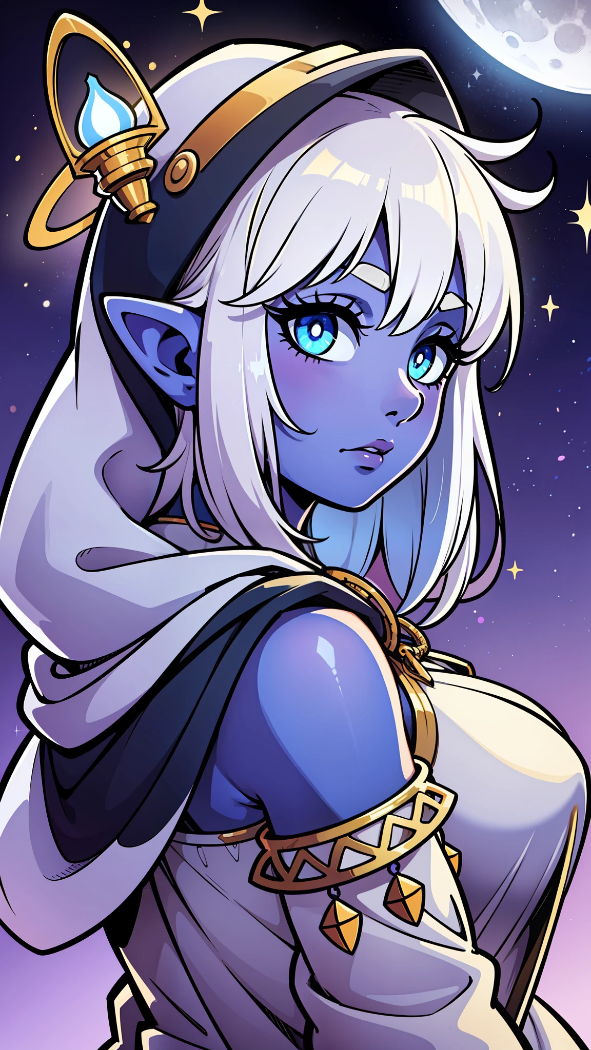 Elf ears, pointed ears, ((robe)), ((hood up)), ((hood with antlers)), Mysterious, Enigmatic, Otherworldly, Solitary, Sage, Lunar being, Moonlight, Silver-white hair, Shimmering blue and silver ribbons, Moonlit night, ((Reflective eyes)), Deep wisdom, Melancholy, Graceful, Pale luminescence, Moonlight glow, Silver-white hair, Shimmering blue and silver ribbons, Reflective eyes, Silvery-blue glow, Moonlit night, Flowing gown, Phases of the moon, Dark blue, Deep purple, Silver and gold celestial patterns, Stars, Moons, Constellations, High collar, Hood, Silver amulet, Delicate chain, ((lantern)), ((Moon)), Gentle source of light, Silver rings, Moonstones, ((1girl)), ((big butt)), ((big eyes)), ((colored skin)), ((hooded robes)), ((robes)), ((adult)), ((tarot)), ((halo)), ((from the front))