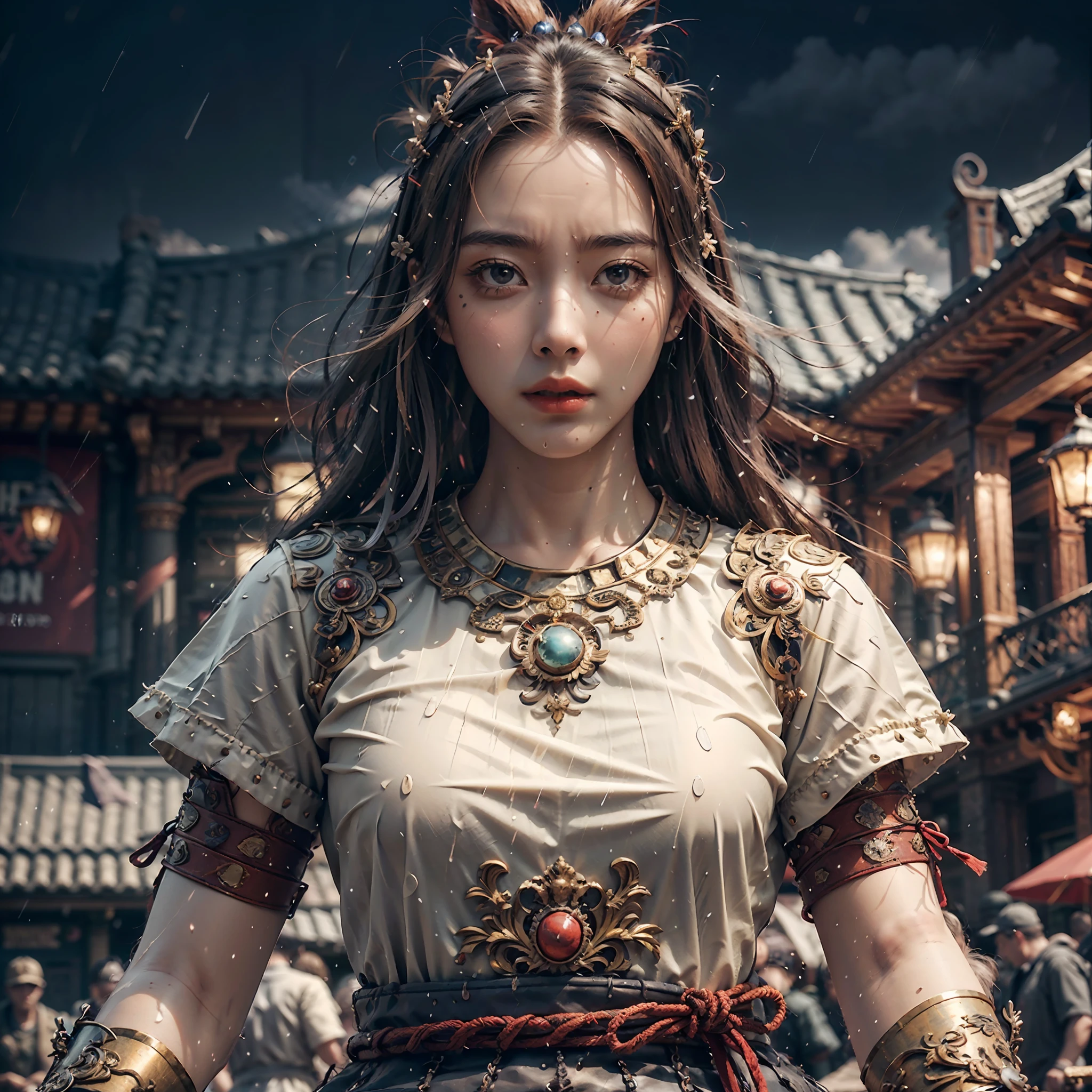 (very_detailed:1.4), photography of jinxlol, holding baseball bat, beautiful face, roof, rain, intricate, highly_detailed, professional, hd, 8k, cinematic lighting, cinematic, --auto