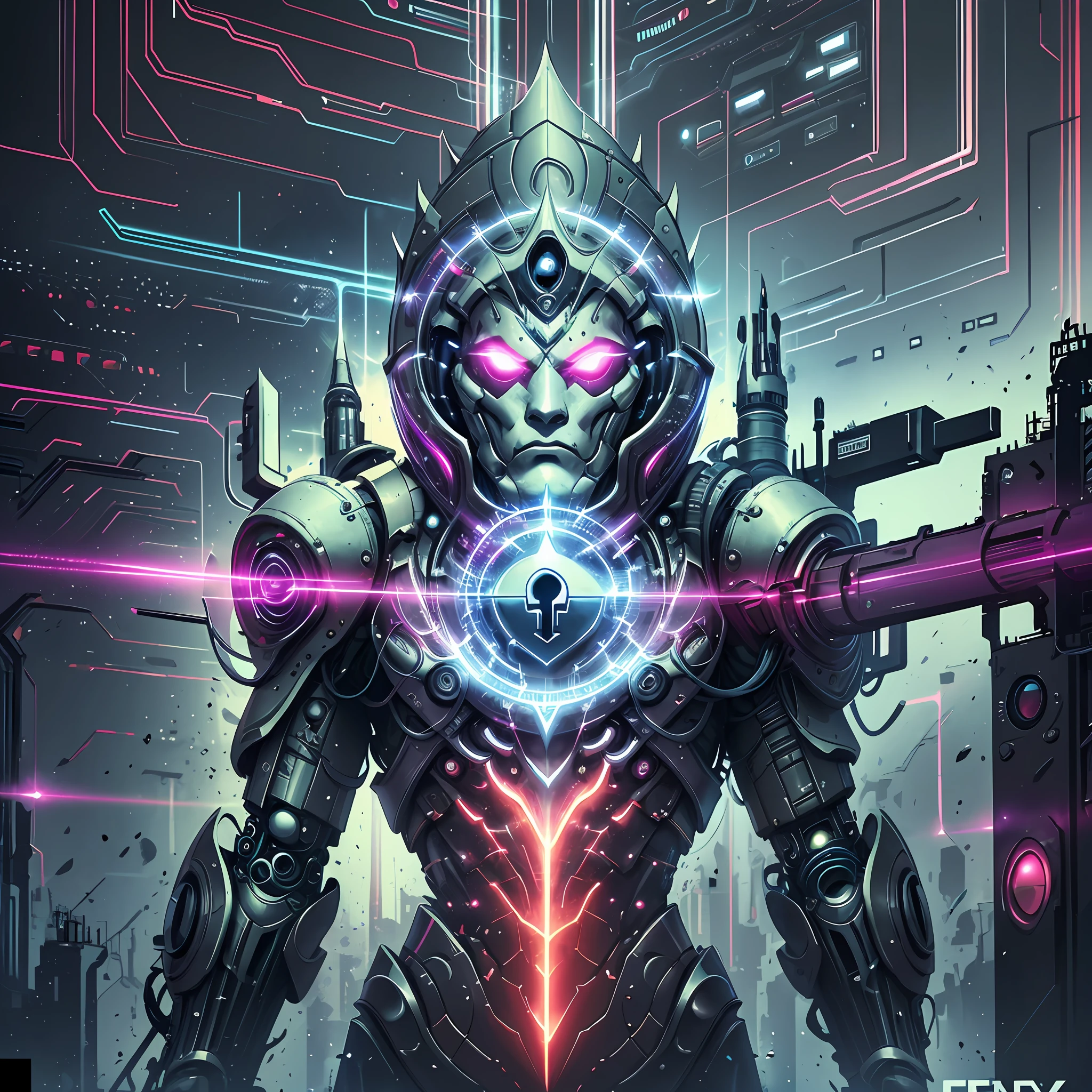 "Draw an illustration that represents digital security in the modern environment. The image should depict a futuristic cybernetic shield with advanced technological elements. The shield should be surrounded by a network of constantly moving digital lines, symbolizing protection against cyber threats. In the center of the shield, add a lock icon, representing data security and encryption. Around the shield, place security-related symbols such as a key, a firewall, a shield, a watchful eye, and a shield with a red cross, denoting defense and prevention against cyberattacks. Use futuristic and bright colors to give a technological and modern look to the image. Let your creativity flow and create an illustration that conveys the importance of digital security in today's digital age." --auto --s2
