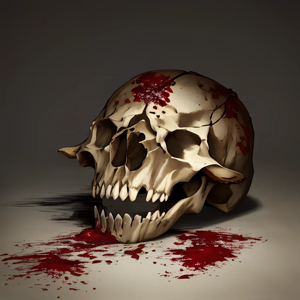 A cow skull with plenty of blood around it