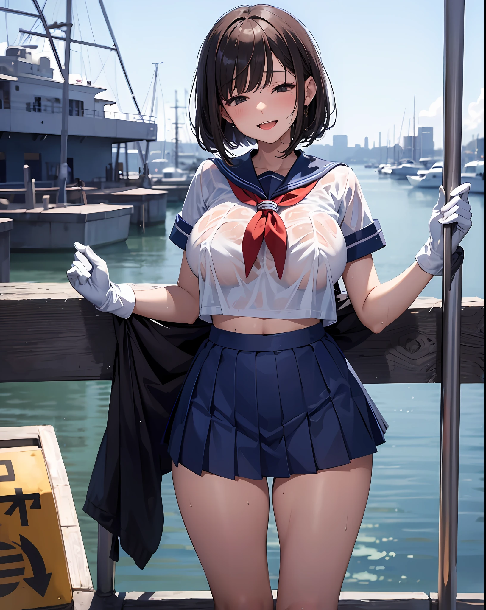 1ung_tehe girls、Loli、brown_hair、medium_bob_hair、blue_midriff_baring_sailor_uniform、mini_skirt、short_sleeve、thighlet、big_tits,closed_eyes, Childlike smile、open_mouth、standing a,harbor_background、spread_legs、happiness、NSFW、short_gloves, wet,transparent,covered_nipples, covered_crotch, under_tits, sweat, bare_thighs, (groin:1.5), tan,