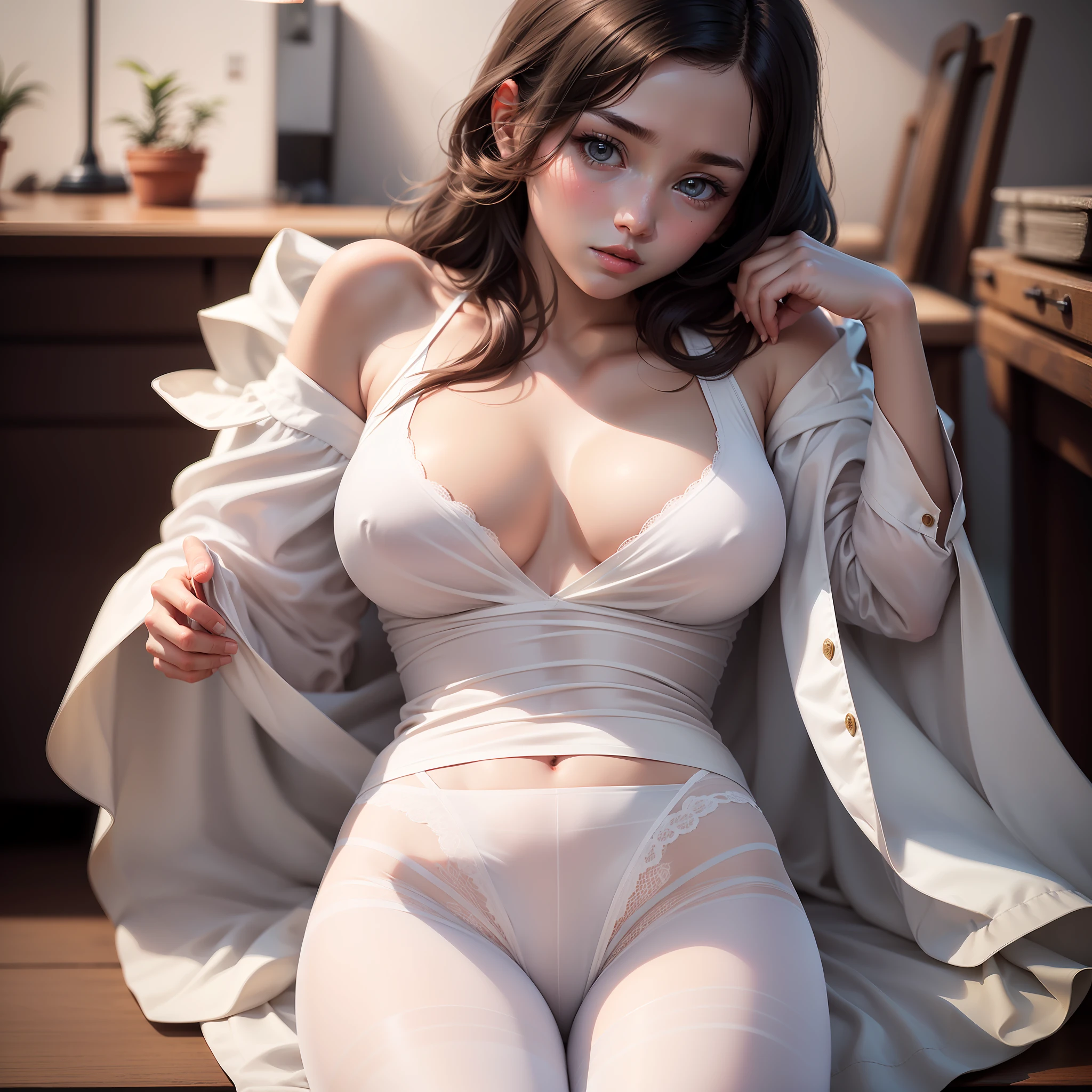 1 girl, full body, indistinct, detailed clothes, white pantyhose, indistinct, casual white shirt, (delicate illustration:1.4),(masterpiece:1.0), (best quality:1.4), (ultra highres:1.2), (photorealistic:1.4), (8k, RAW photo:1.2), (soft focus:1.4), (18yo:1.3), (sharp focus:1.4), detailed beautiful face