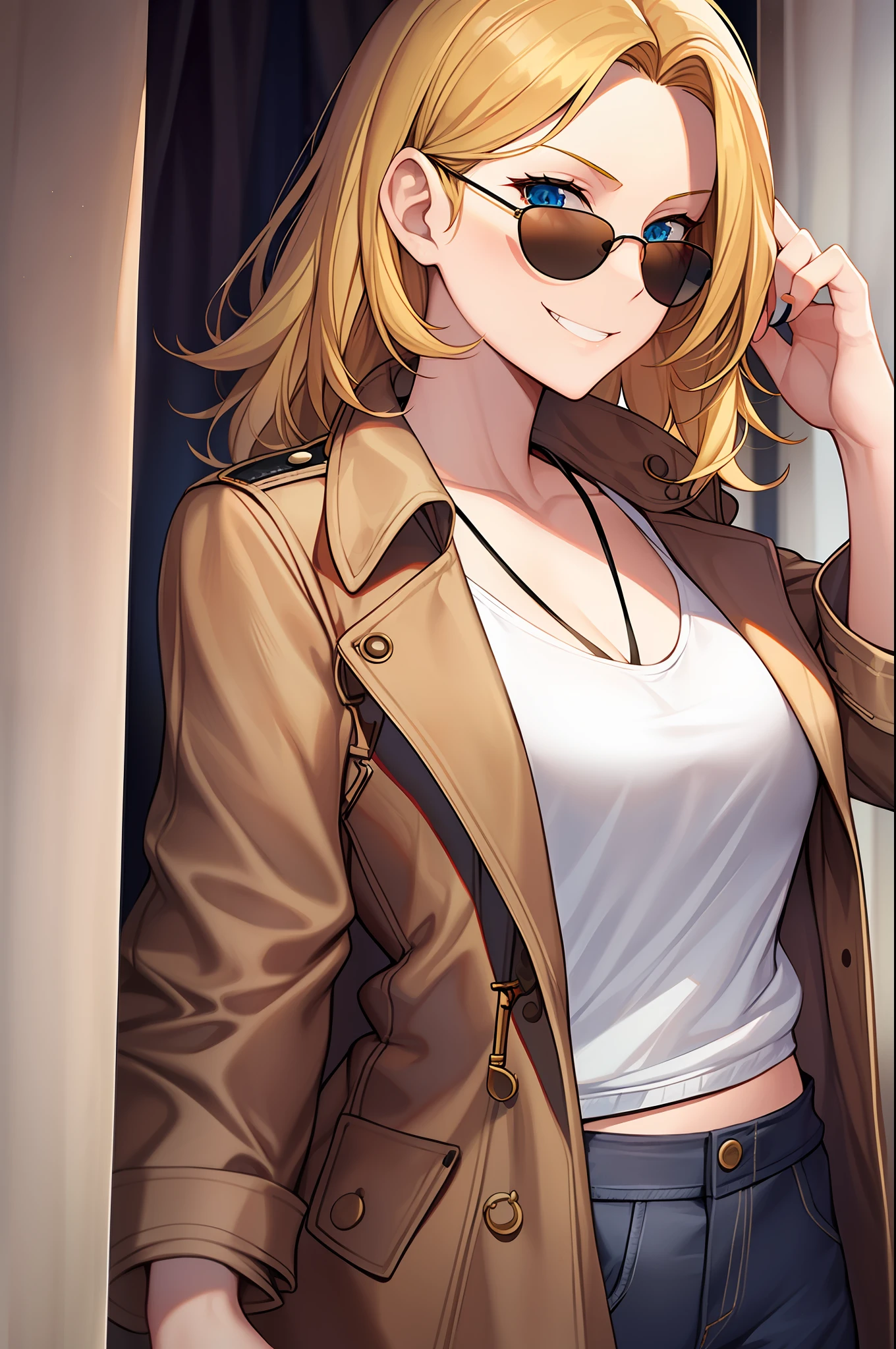 Woman, female, adult, smirk, grin, blonde hair, curtained hair, forehead, medium hair, ((aviator sunglasses)), beige trench coat, white tank top, portrait, masterpiece,