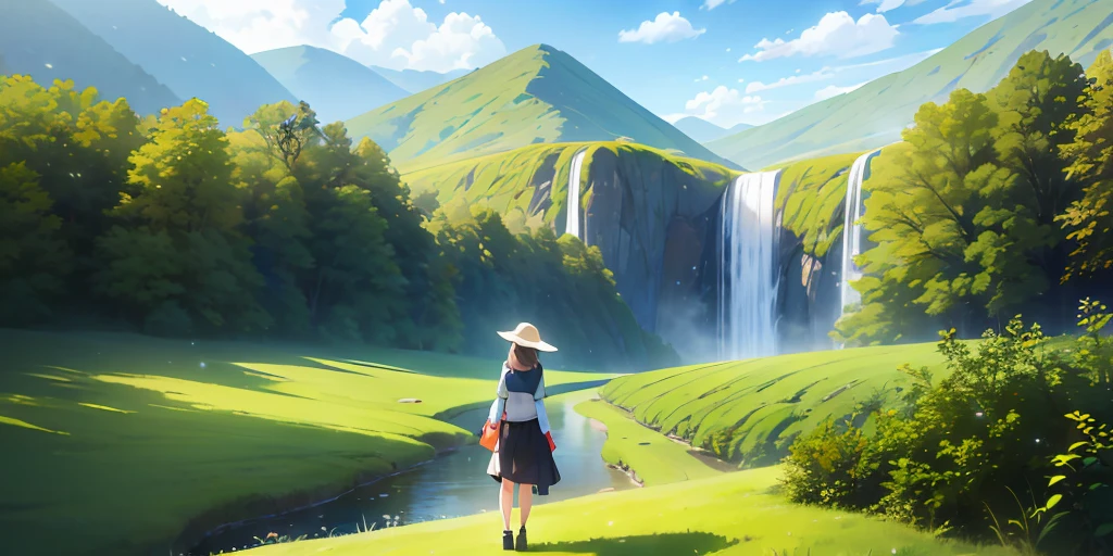 (bicycle:1.5), (Realistic bike: 1.5), (realistic cyclist: 1.5), cycliste de dos, chutes Niagara, soleil, rear-plan paysager, ombres, contraste, Makoto Shinkai (Bestquality:1.3), (High resolutions:1) Art par Studio Ghibli Style, Impressionnisme, Solitude