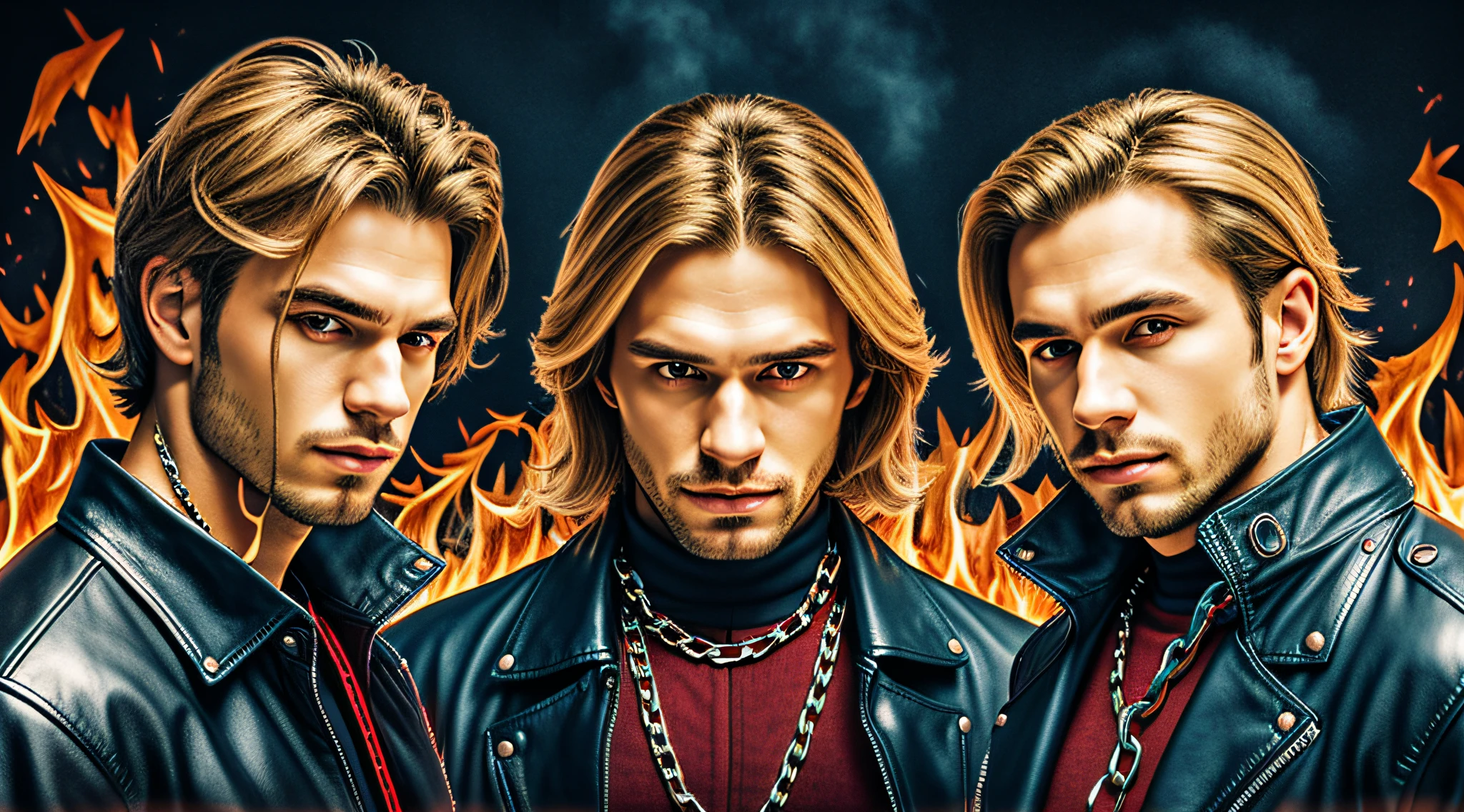 A half body, portrait of 3 German men long blonde hair of 21 years, blue leather jackets, background of chains, chain, more chains, many chains, , red, red fire, many background flames.