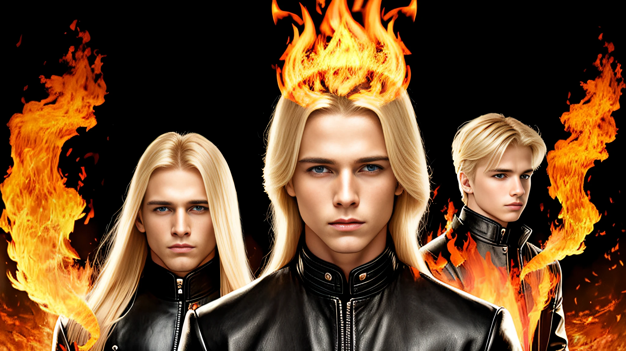 A half body, portrait of 3 German men long blonde hair of 21 years, blue leather jackets, background of chains, chain, more chains, many chains, , red, red fire, many background flames.