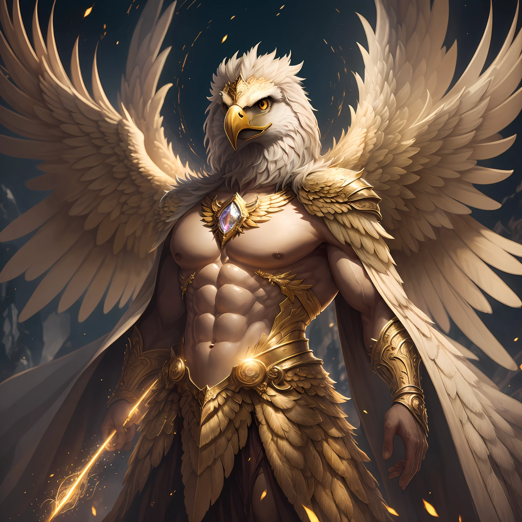 The anthropomorphic eagle vulture can be described as having a human body and (eagle's head) and golden wings, human arms, upright walking creatures, ((beautifully detailed griffin)) (extremely detailed CG Unity 8k wallpaper), professional majestic oil painting by Ed Blinky, Atea Gaylan, Studio Ghibli, Jeremy Mann, Greg Manches, Antonio Exhibited at ArtStation, Moreau was popular at CGSociety, with dramatic photorealistic paintings by Complex, High Detail, Sharp Focus, Midjourney, and Greg Rutkowska. super high resolution, best quality, photos, 8K, (Realistic: 1.2), cinematic lighting, giant in bright gold robe with golden feathers, floating on the crystal throne, floating on a crystal cloud, yellow eyes, bright yellow light emanating from the throne, gemstone floating in the sky, God, a beam of light shrouds his body, The crystal throne has large translucent (golden feathered wings) with wings spread, Golden light overhead (aura: 1.2), abdominal muscles wearing medieval golden armor, golden feathers, masculinity, darkness, masterpiece, best quality, intricate details, snow environment and crystal in background, crystal cathedral, futuristic portal, 3D light, HD, magic, light god, backlight, detailed face, fear, depth of field, soft lighting, tone mapping, high detail, concept art, smooth, clear focus, dramatic lighting, highly detailed art, film, 8K, Amazing shadows (highly detailed background: 1.2) --auto --s2