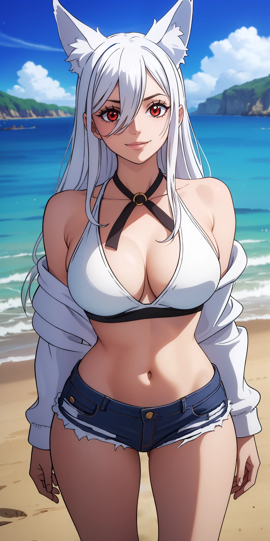 masterpiece, best quality, girl, pale skin, red eyes, giant white hair, ((hair highlights effect)), ((hair between eyes)), sweatshirt, ripped jeans, white sneakers, medium breasts, accessory neck, eyebrow, fox ear, ((perfect)), smile, small waist, big breasts, thick legs, big thigh, background scenery, on the beach, standing, beautiful day, ultra detailed water, pov, looking at the spectator, flushed, lustful,