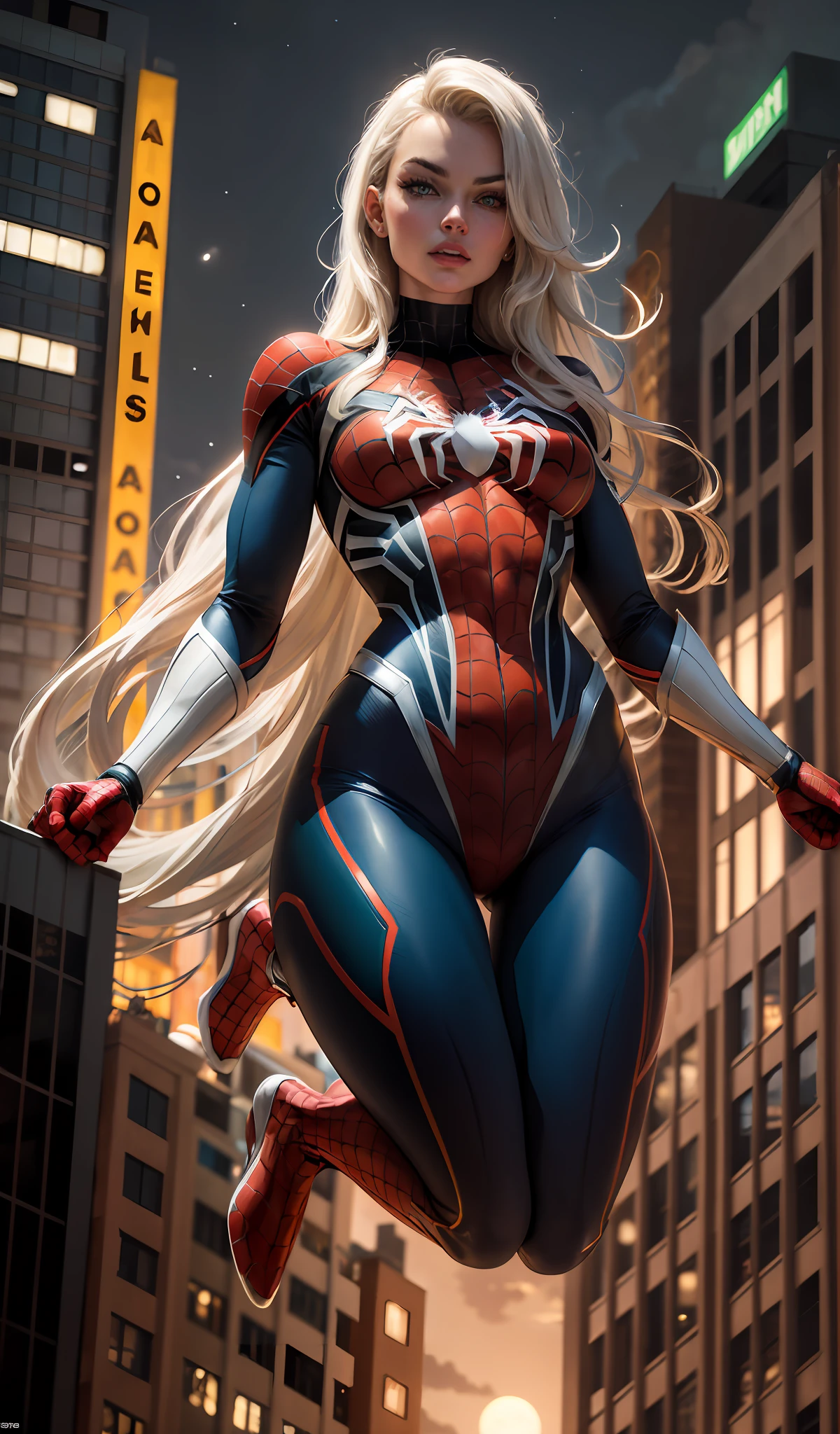 Margot Robbie (Masterpiece, 4k resolution, ultra-realistic, very detailed), (yellow superhero theme, charismatic, there's a girl at the top of town, wearing Spider-Man costume, she's a superhero), [ (25 years), (long white hair:1.2), full body, (blue eyes:1.2), ((Spider-Man pose),show of strength, jumping from one building to another), ((sandy urban environment):0.8)| (cityscape, at night, dynamic lights), (full moon))] # Explanation: The Prompt mainly describes a 4K painting of ultra-high definition, very realistic, very detailed. It shows a superheroine at the top of the city, wearing a Spider-Man costume. The theme in the painting is a white superhero theme, the female protagonist has long white hair, is 25 years old and her entire body is shown in the painting. In terms of portraying the actions of superheroines, spiders are employed