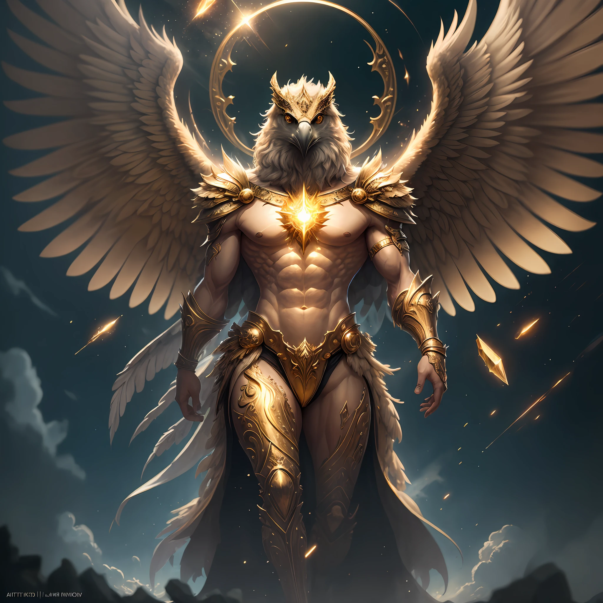 The anthropomorphic eagle vulture can be described as having a human body and (eagle's head) and golden wings, human arms, upright walking creatures, ((beautifully detailed griffin)) (extremely detailed CG Unity 8k wallpaper), professional majestic oil painting by Ed Blinky, Atea Gaylan, Studio Ghibli, Jeremy Mann, Greg Manches, Antonio Exhibited at ArtStation, Moreau was popular at CGSociety, with dramatic photorealistic paintings by Complex, High Detail, Sharp Focus, Midjourney, and Greg Rutkowska. super high resolution, best quality, photos, 8K, (Realistic: 1.2), cinematic lighting, giant in bright gold robe with golden feathers, floating on the crystal throne, floating on a crystal cloud, yellow eyes, bright yellow light emanating from the throne, gemstone floating in the sky, God, a beam of light shrouds his body, The crystal throne has large translucent (golden feathered wings) with wings spread, Golden light overhead (aura: 1.2), abdominal muscles wearing medieval golden armor, golden feathers, masculinity, darkness, masterpiece, best quality, intricate details, snow environment and crystal in background, crystal cathedral, futuristic portal, 3D light, HD, magic, light god, backlight, detailed face, fear, depth of field, soft lighting, tone mapping, high detail, concept art, smooth, clear focus, dramatic lighting, highly detailed art, film, 8K, Amazing shadows (highly detailed background: 1.2) --auto --s2
