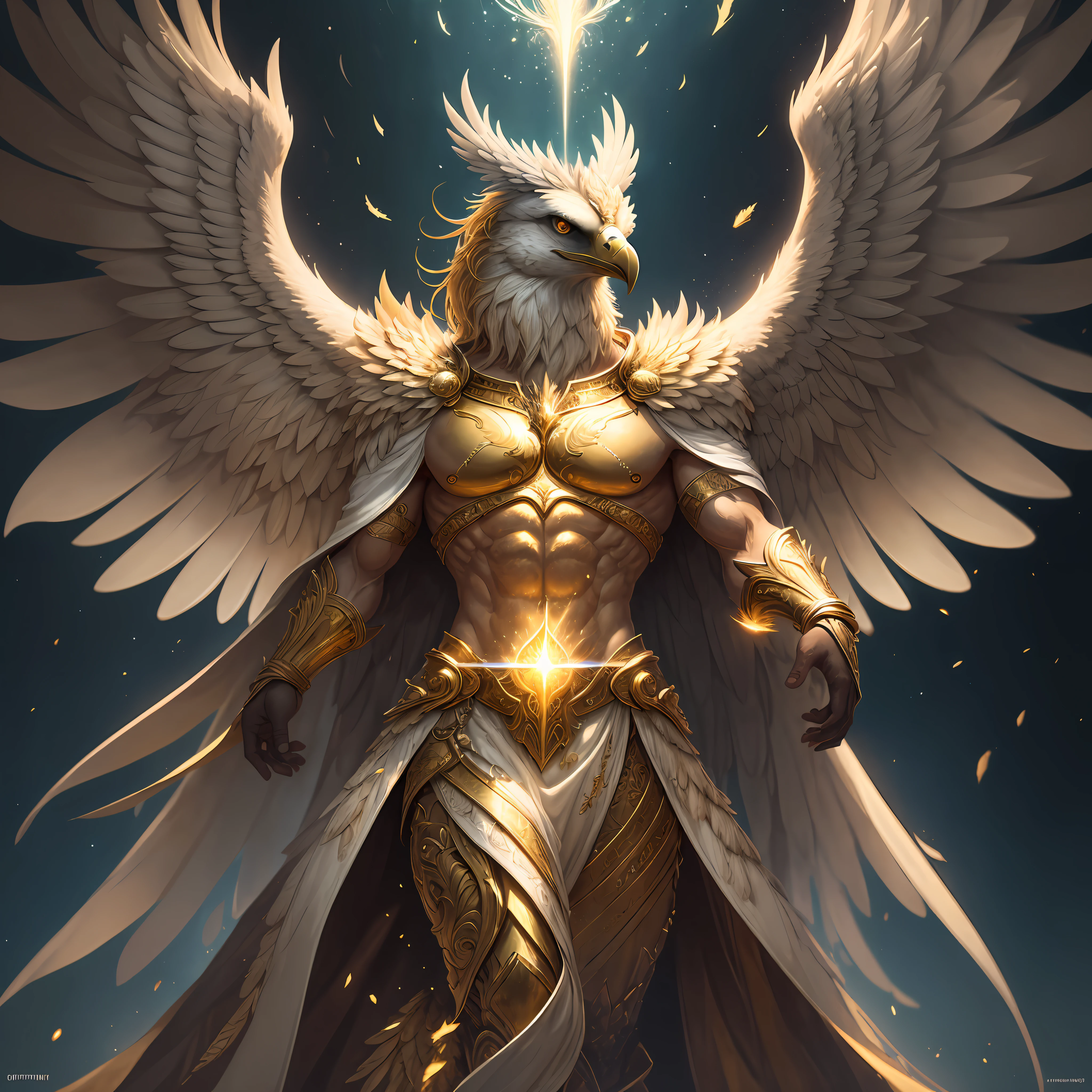 The anthropomorphic eagle vulture can be described as having a human body and (eagle's head) and golden wings, human arms, upright walking creatures, ((beautifully detailed griffin)) (extremely detailed CG Unity 8k wallpaper), professional majestic oil painting by Ed Blinky, Atea Gaylan, Studio Ghibli, Jeremy Mann, Greg Manches, Antonio Exhibited at ArtStation, Moreau was popular at CGSociety, with dramatic photorealistic paintings by Complex, High Detail, Sharp Focus, Midjourney, and Greg Rutkowska. super high resolution, best quality, photos, 8K, (Realistic: 1.2), cinematic lighting, giant in bright gold robe with golden feathers, floating on the crystal throne, floating on a crystal cloud, yellow eyes, bright yellow light emanating from the throne, gemstone floating in the sky, God, a beam of light shrouds his body, The crystal throne has large translucent (golden feathered wings) with wings spread, Golden light overhead (aura: 1.2), abdominal muscles wearing medieval golden armor, golden feathers, masculinity, darkness, masterpiece, best quality, intricate details, snow environment and crystal in background, crystal cathedral, futuristic portal, 3D light, HD, magic, light god, backlight, detailed face, fear, depth of field, soft lighting, tone mapping, high detail, concept art, smooth, clear focus, dramatic lighting, highly detailed art, film, 8K, Amazing shadows (highly detailed background: 1.2) --auto --s2