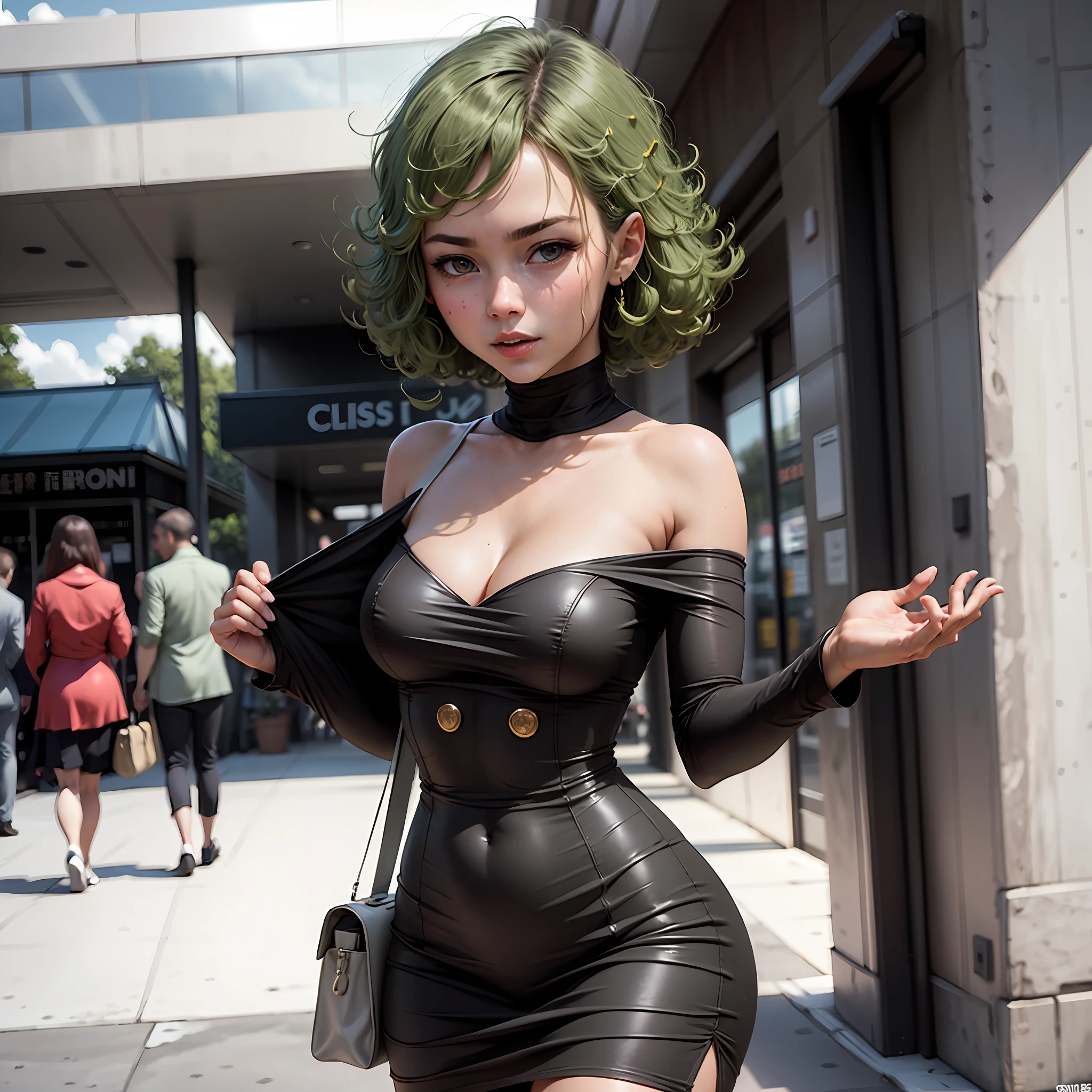 1girl, Peli verde, small bosom, muslos, vestido corto negro, Tatsumaki, Tatsumaki, viendo al espectador, fondo de pantalla celular, Tatsumaki S-Class Hero, --auto