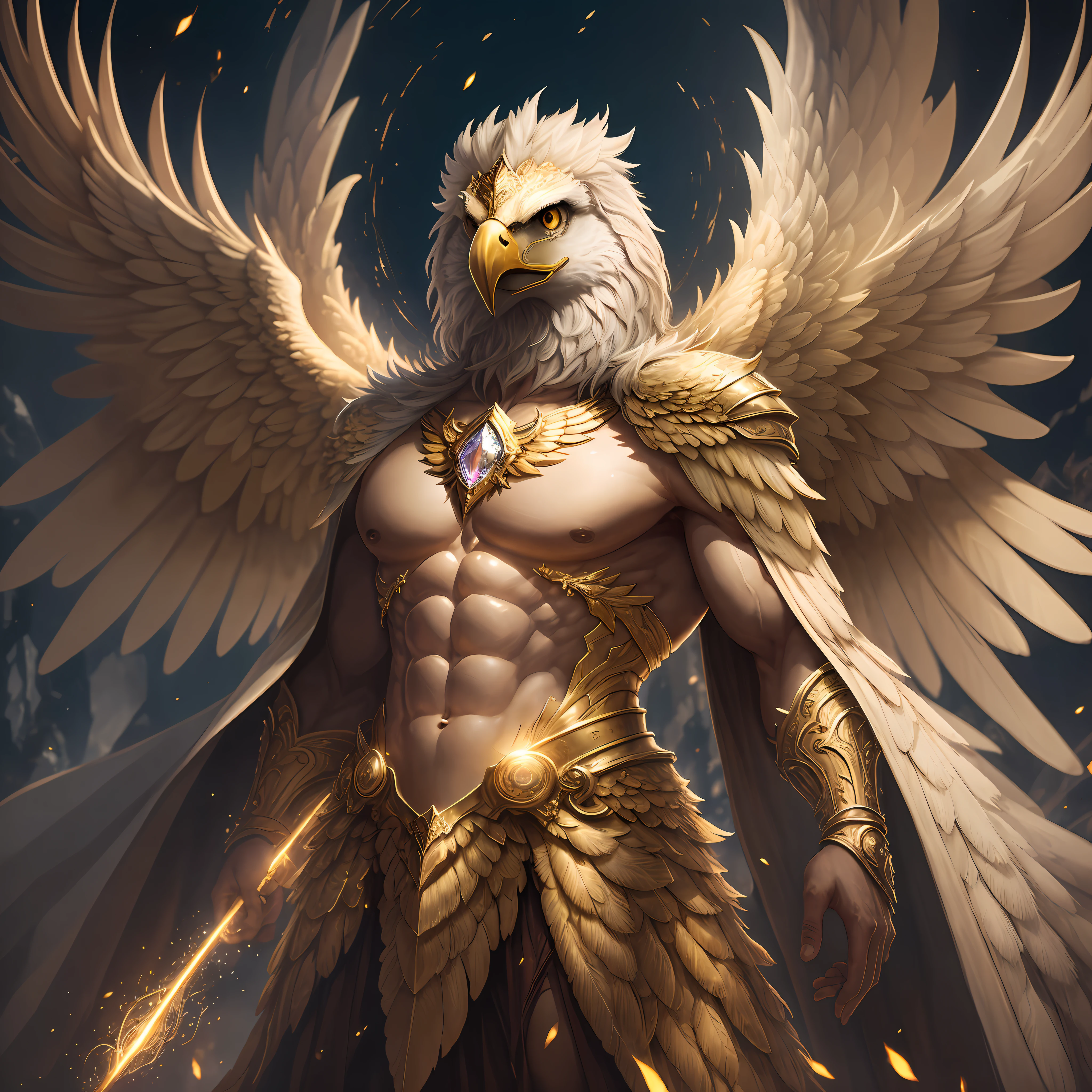 The anthropomorphic eagle vulture can be described as having a human body and (eagle's head) and golden wings, human arms, upright walking creatures, ((beautifully detailed griffin)) (extremely detailed CG Unity 8k wallpaper), professional majestic oil painting by Ed Blinky, Atea Gaylan, Studio Ghibli, Jeremy Mann, Greg Manches, Antonio Exhibited at ArtStation, Moreau was popular at CGSociety, with dramatic photorealistic paintings by Complex, High Detail, Sharp Focus, Midjourney, and Greg Rutkowska. super high resolution, best quality, photos, 8K, (Realistic: 1.2), cinematic lighting, giant in bright gold robe with golden feathers, floating on the crystal throne, floating on a crystal cloud, yellow eyes, bright yellow light emanating from the throne, gemstone floating in the sky, God, a beam of light shrouds his body, The crystal throne has large translucent (golden feathered wings) with wings spread, Golden light overhead (aura: 1.2), abdominal muscles wearing medieval golden armor, golden feathers, masculinity, darkness, masterpiece, best quality, intricate details, snow environment and crystal in background, crystal cathedral, futuristic portal, 3D light, HD, magic, light god, backlight, detailed face, fear, depth of field, soft lighting, tone mapping, high detail, concept art, smooth, clear focus, dramatic lighting, highly detailed art, film, 8K, Amazing shadows (highly detailed background: 1.2) --auto --s2