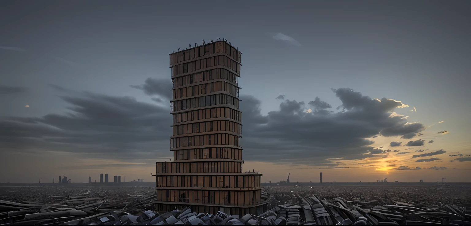 a close up of a tall tower with a sky background, 3 d structure, The building is a scratch-heavens, multistory building, single building, mechanical structure, conceitual, City building post-apocalyptic, modeled in 3 d, realistic building, Post building-apocalyptic, an extremely detailed building, tall metal towers, rendering of log pile factory, industrial buildings, full building