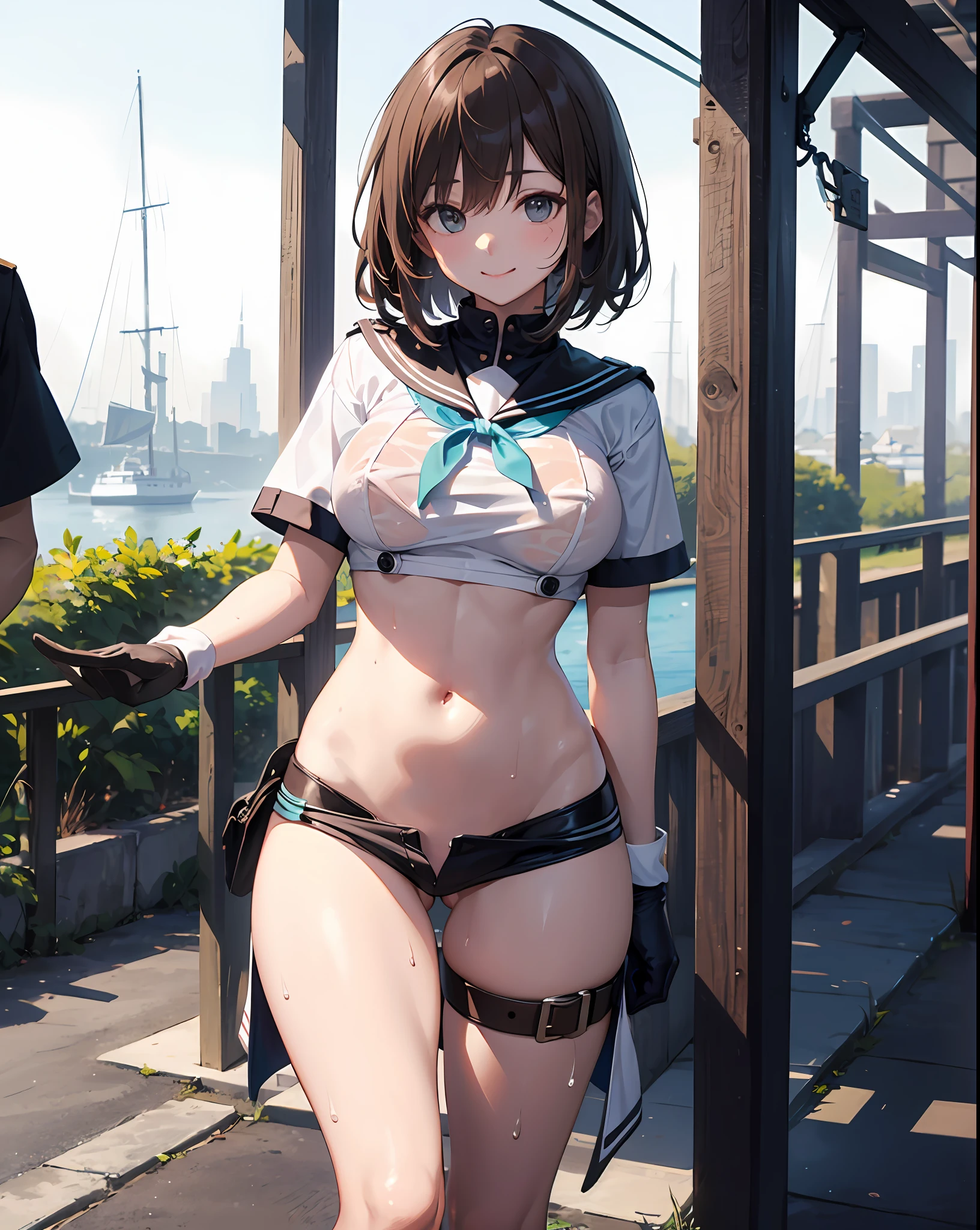 ung_TEEe girls、Loli、brhaired、、medium_bob_haired、、blue_midriff_baring_sailr_uniform、mini_、skirts、short_Short Sleeves、thighlet、big_titty,closed_eye,, Childlike smile、open_gura、standing a,dock_background ,、 ,、、spread_legs、、、happiness、NSFW、short_glove, wet,transparent,covered_titsnipples, covered_crotch、、, under_titty, Wearing sweat, bare_thighlet, (groin:1.5), soo_skins、,