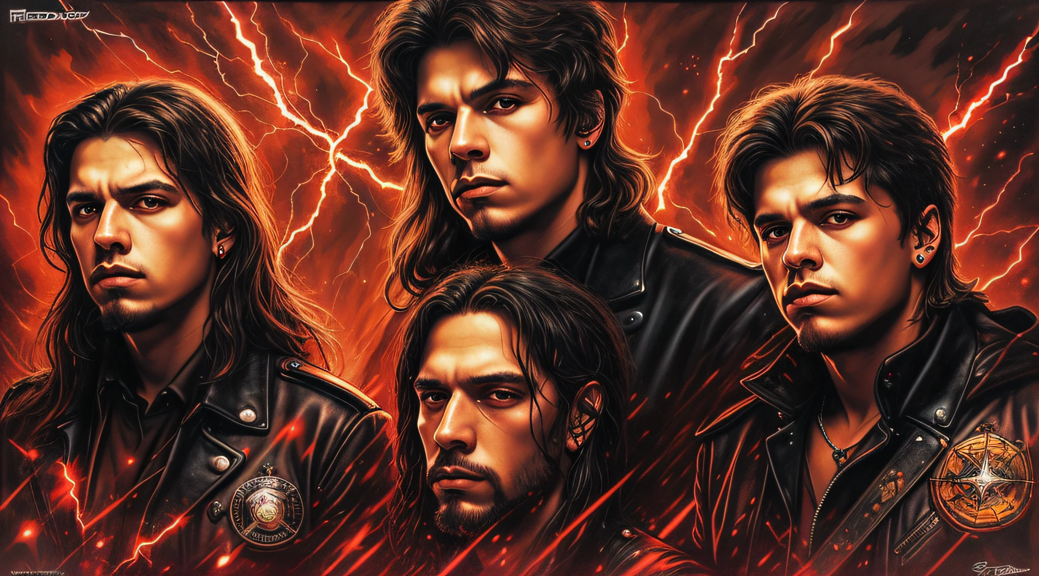 a group of men standing next to each other in front of a red background, Metallica, sol ofuscante, luz esquerda, donzela, Megadeth, Donzela de Ferro, Borda a Borda, mestre de fantoches, Foto promocional da banda de rock pesado, desconhecido, Caparison, red lighting on their faces, bigorna, drew struzan tomasz alen kopera, estrela do rock, menacing