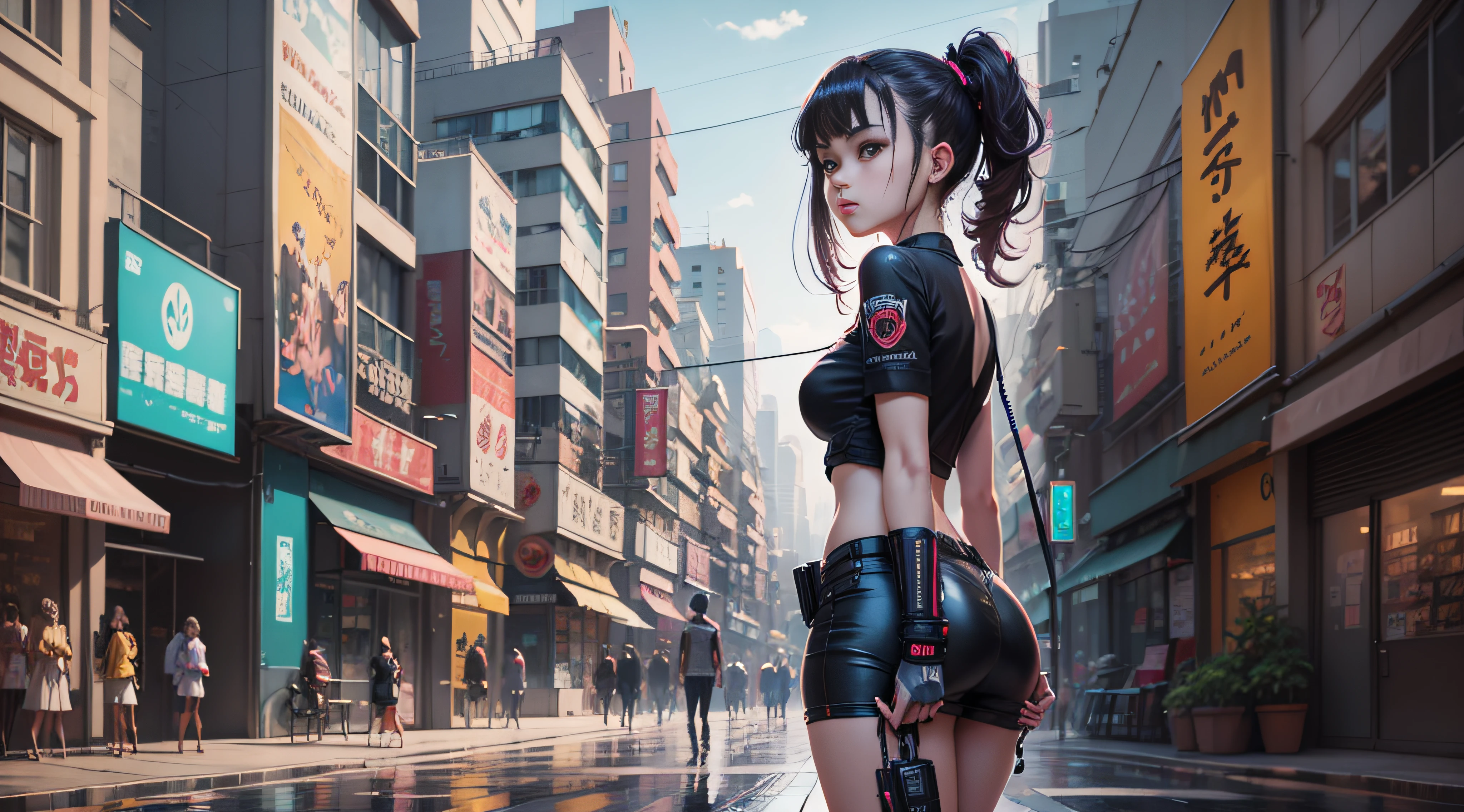 anime girl in a black top standing in a city street, anime style. 8k, fanart  urbana, digital anime illustration, anime style 4 k, arte digital do anime cyberpunk, arte digital estilo anime, elogiar artstyle, anime style illustration, menina Art not Guweiz style, cyberpunk digital | | | - arte de anime, em estilo anime anime anos 80 --auto