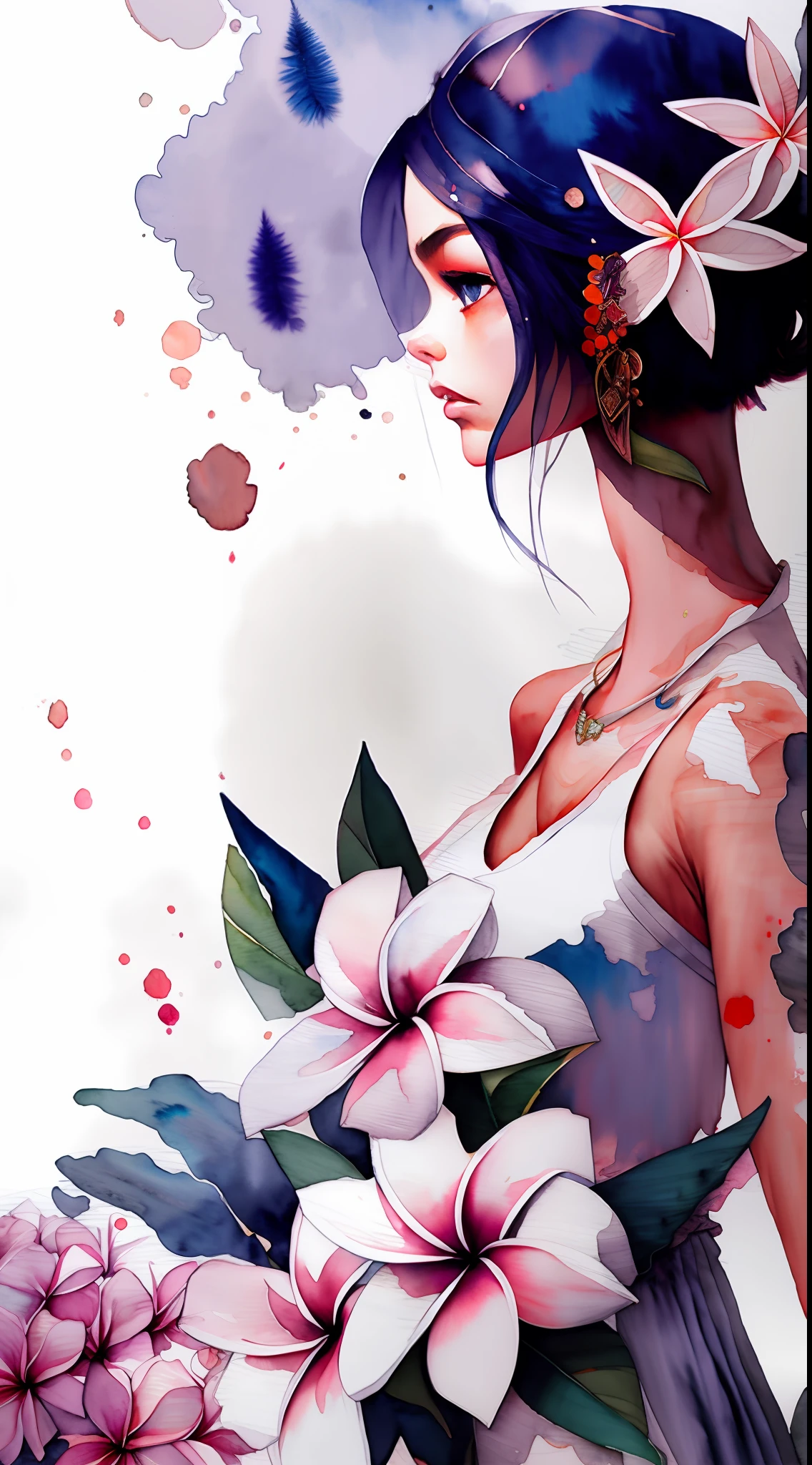 wtrcolor style, (Plumeria) digital art, official art, blown by the wind, masterpiece, beautiful, ((watercolor)), paint splatter, intricate detail. Great detail, [dripping:0.7], Trending on Artstation, Rachel Walker