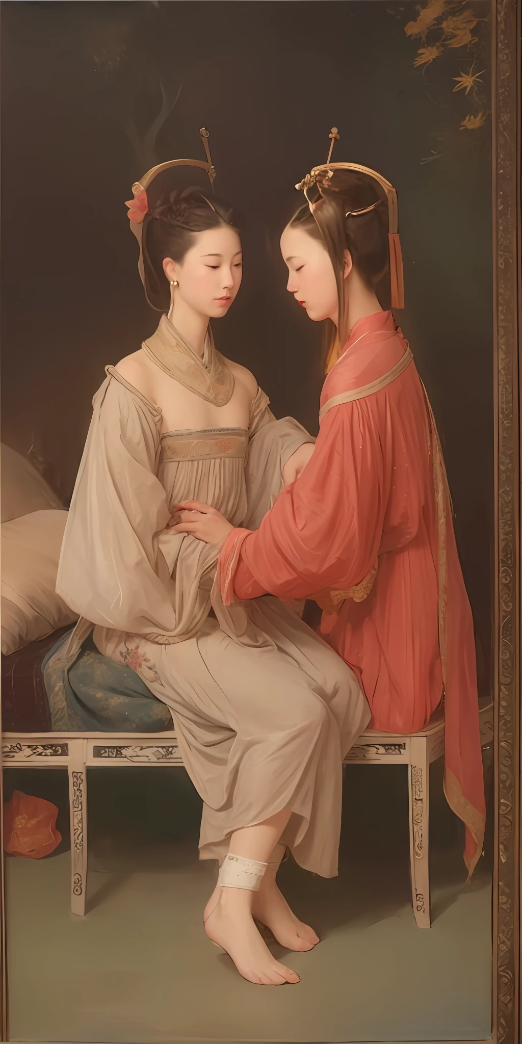 Painting two women sitting on the edge of the bed in a bedroom with a mural of a tree on the wall, ancient chinese beauties, wearing ancient chinese clothes, neo-classical painting, beautiful render of tang dynasty, classical oil painting, style of old painting, romantic era painting, in style of old painting, ancient china art style, historical painting, classical painting, hystorical painting, ancient chinese princess